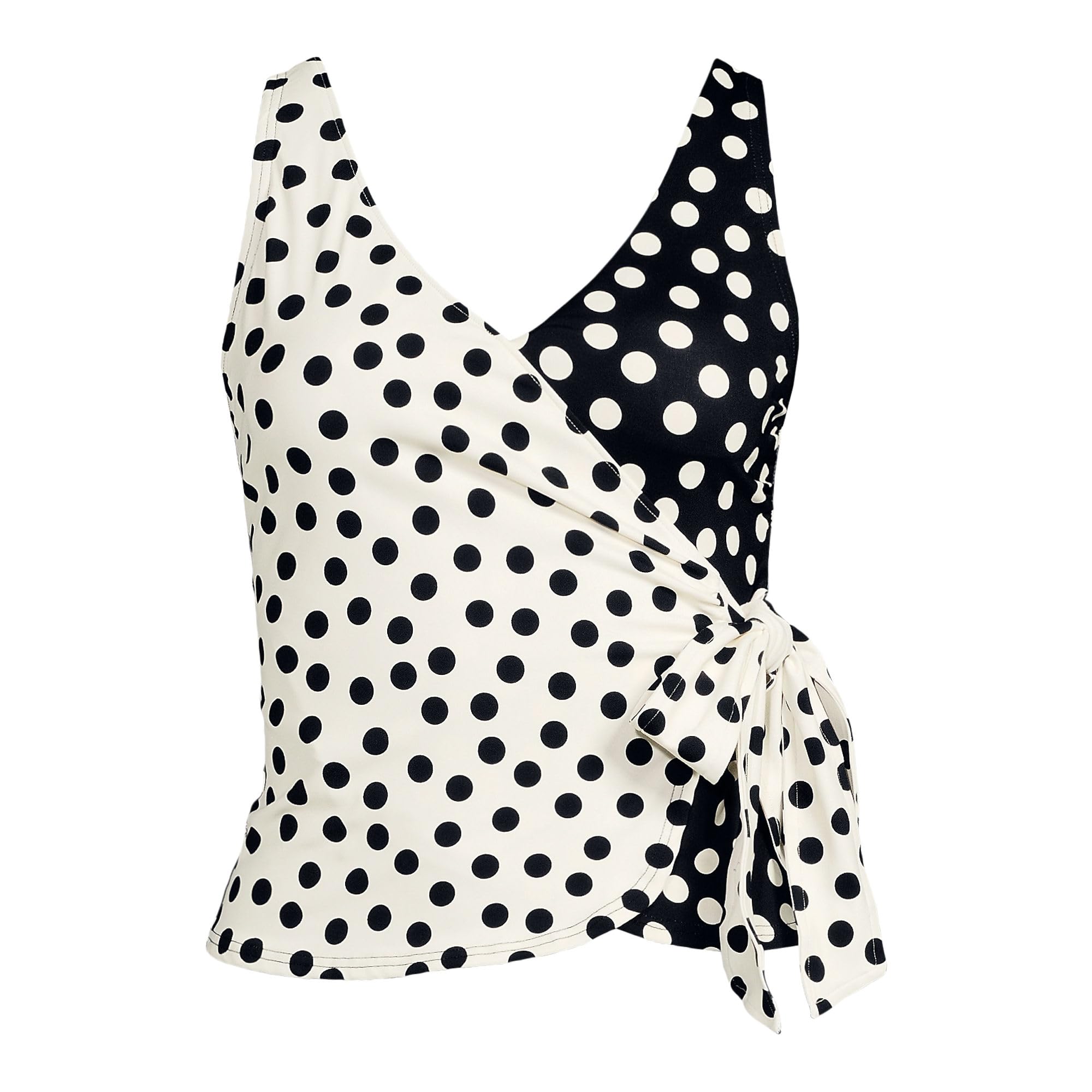 Lands' End Women's Side Tie Tankini Top 2 Black/Egret Mixed Tossed Dots
