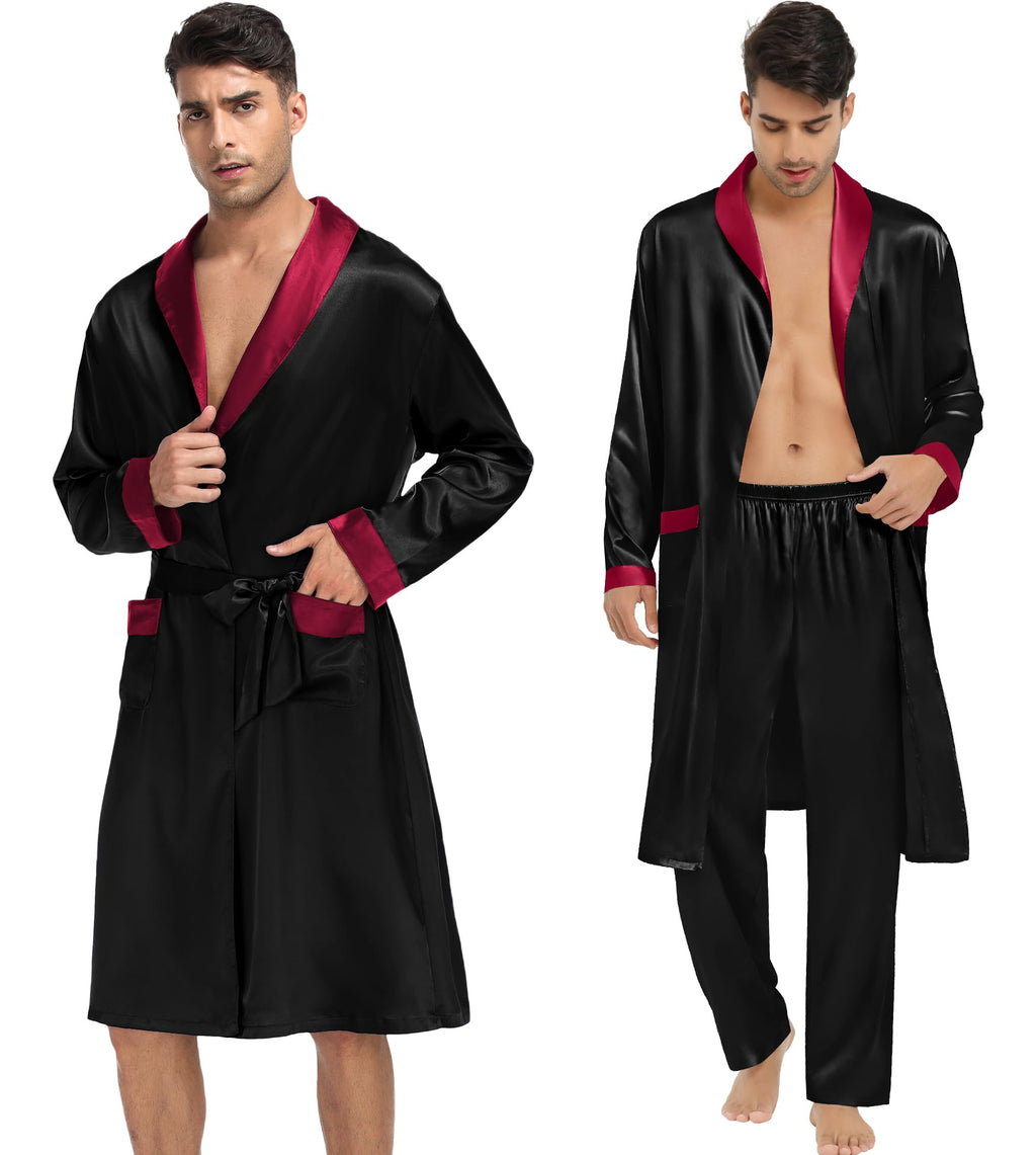 SWOMOG Men's 3 Pcs Robe Silk Satin Kimono Bathrobe with Shorts&Pants Set Lightweight Soft Sleepwear