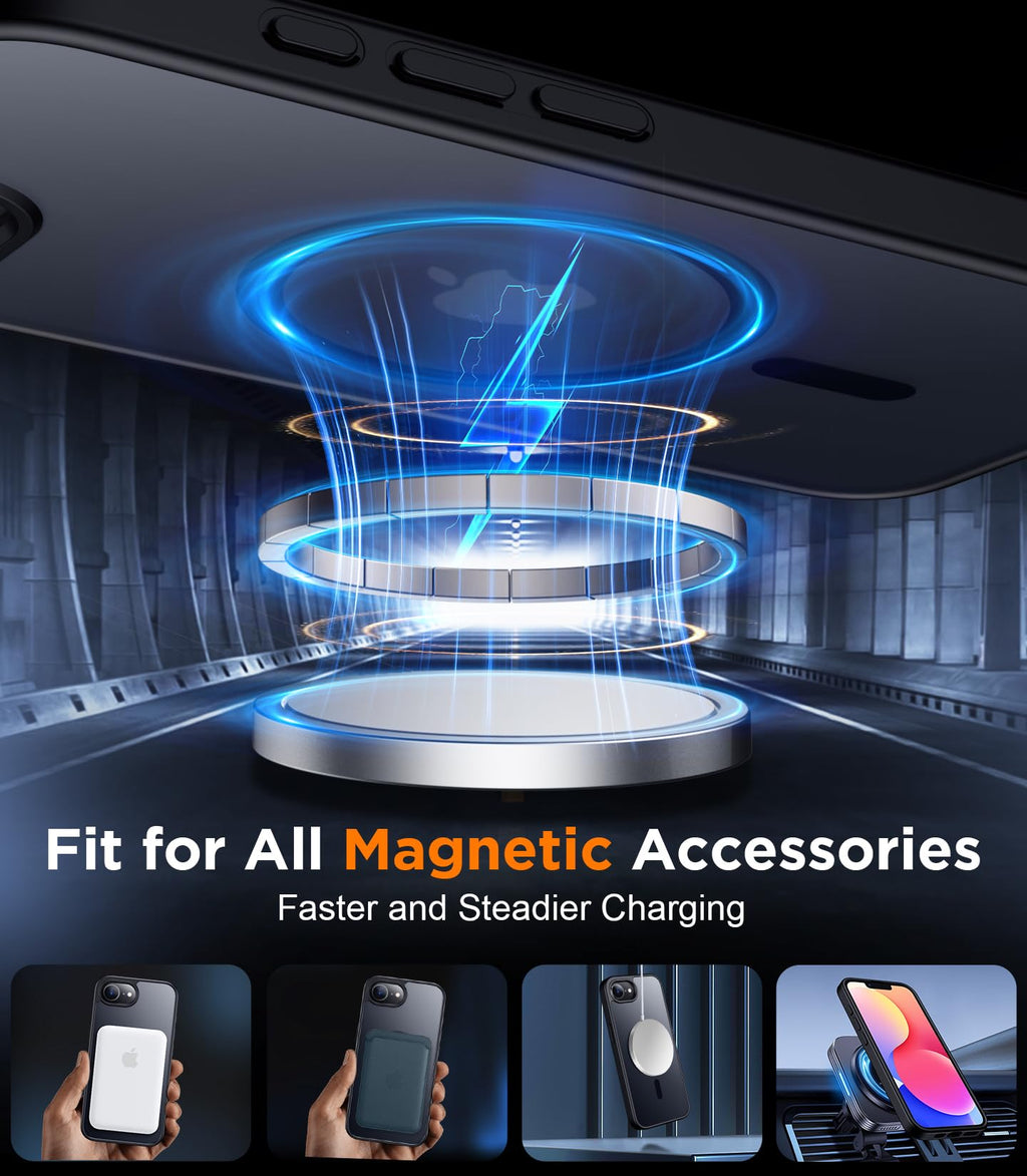 SPIDERCASE Designed for iPhone 16e Case, Magnetic Translucent Matte Case with 2PCS Tempered Glass Screen Protector Slim Phone Case for iPhone 16E 6.1'', Black