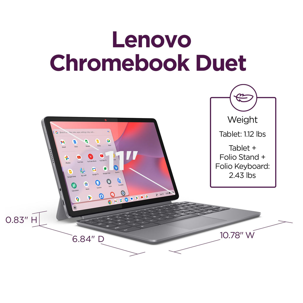 Lenovo Chromebook Duet - 2025 - Convertible Laptop - ChromeOS - 10.95" WUXGA IPS Touch Display - 4GB Memory - 64GB Storage - MediaTek Kompanio 838 - Luna Grey