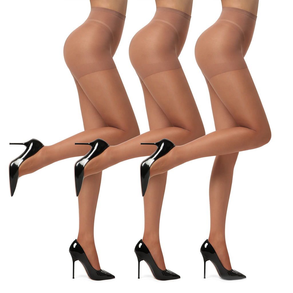 EVERSWE 3 Pairs Women's Sheer Pantyhose 20D, High Waist Control Top Pantyhose Hosiery (Brown, XXL)