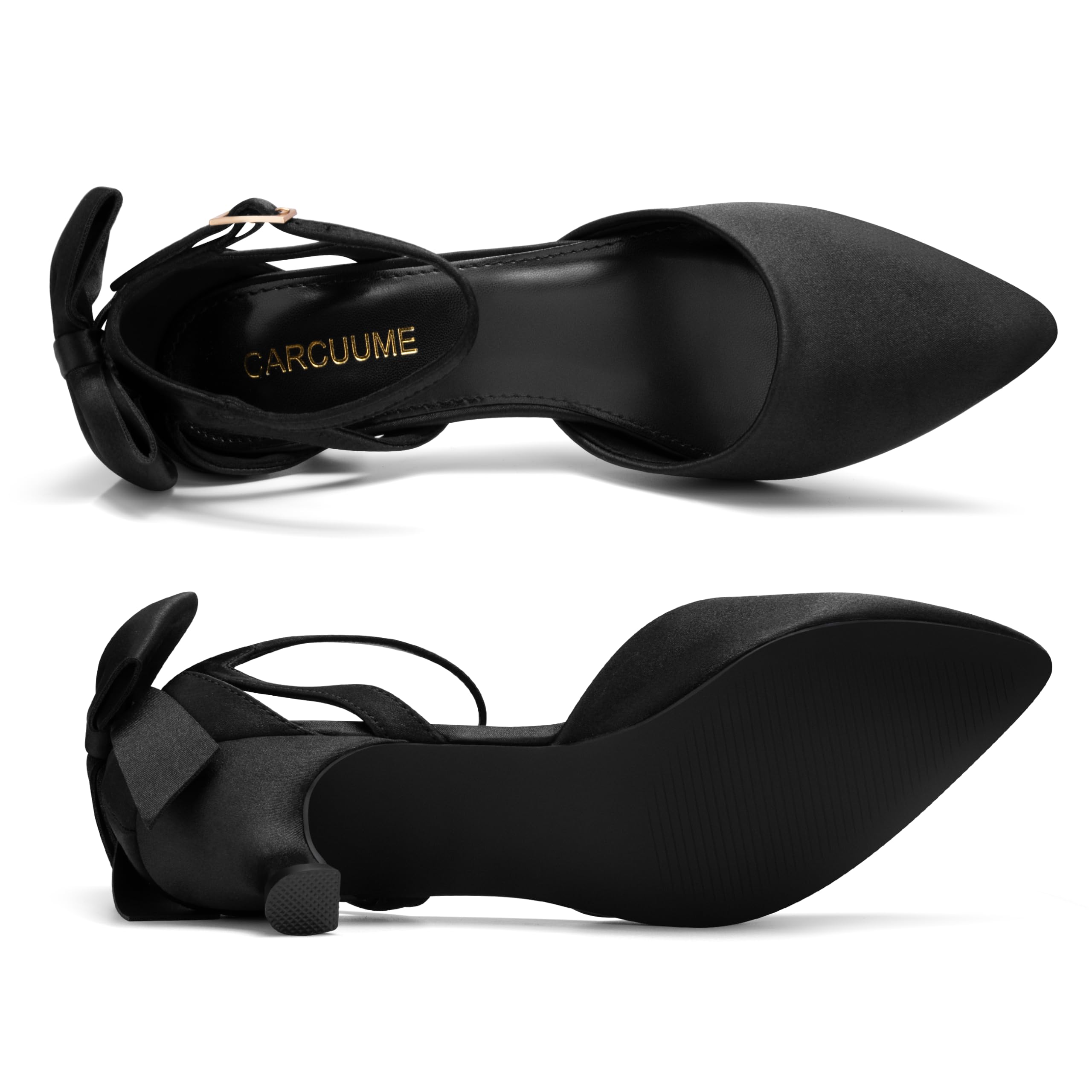 Carcuume Women's Kitten Heels with Bow Closed Toe Pumps Ankle Strap Wedding Shoes, Beni-Black Satin-8