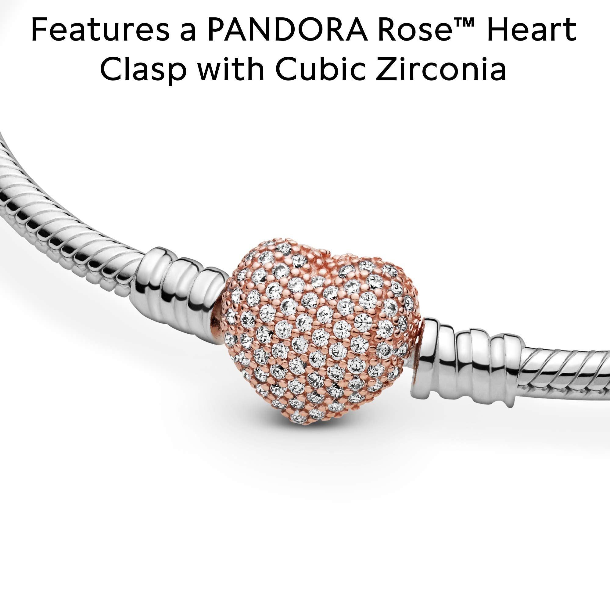 Pandora Jewelry - Moments Pave Heart Clasp Snake Chain Cubic Zirconia Bracelet - Gift for Her - Pandora Rose - 6.7"