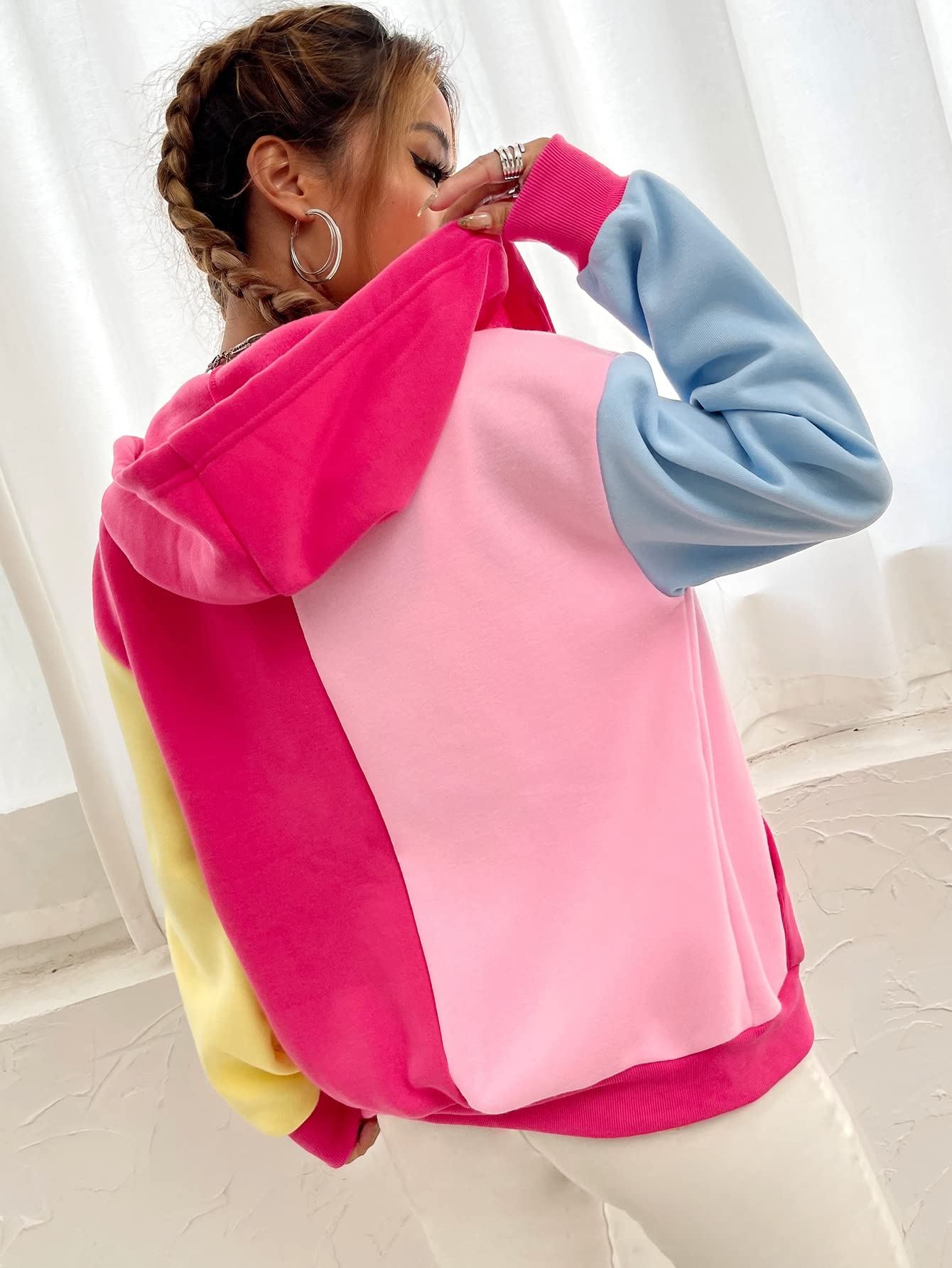 WDIRARA Women's Color Block Zip Front Drawstring Long Sleeve Hoodie Pocket Sweatshirt Multicolor S