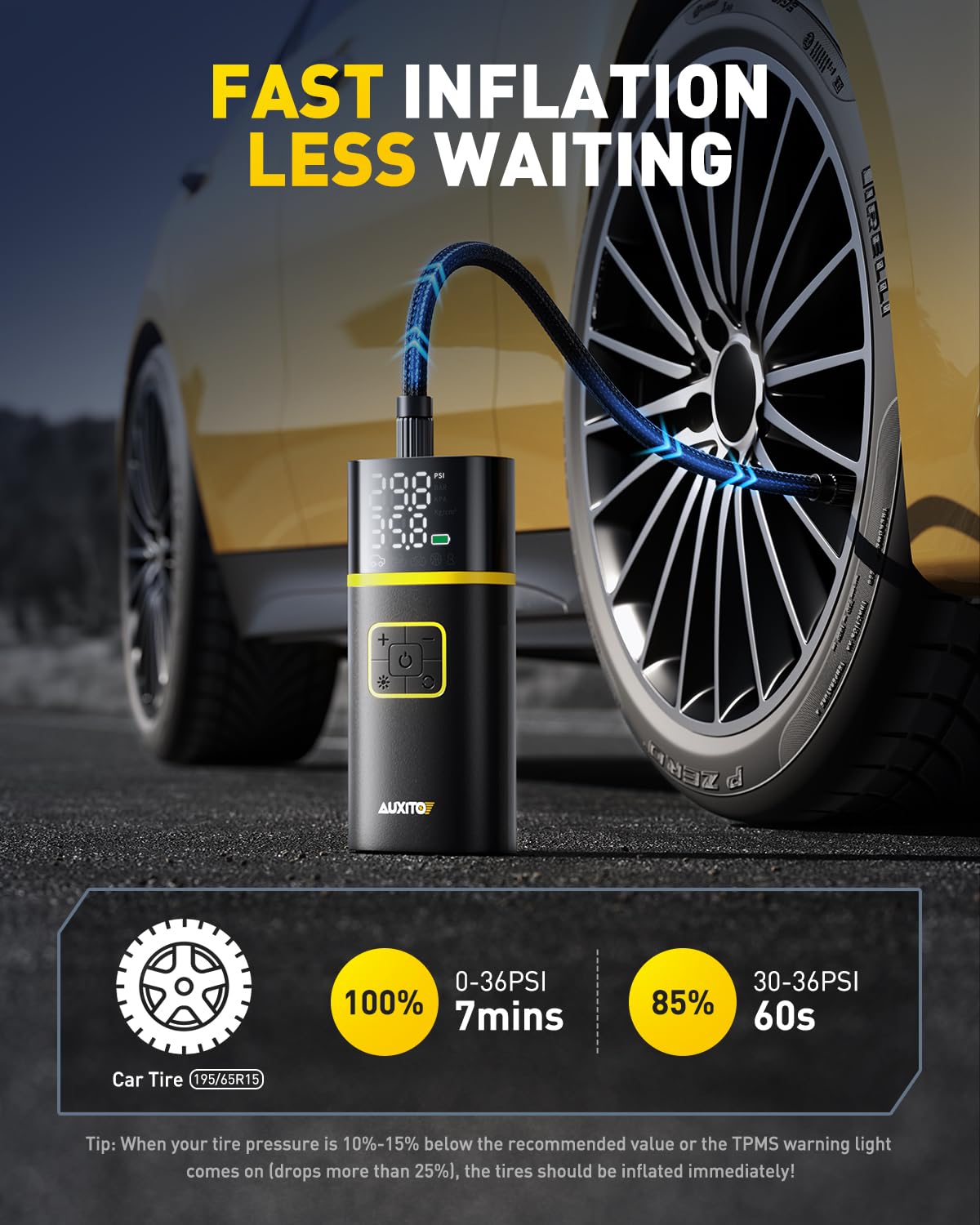 AUXITO AS1 Tire Inflator Portable Air Compressor - 150PSI Bike Pump 1Min Fast Inflate with Tire Pressure Gauge, 5200 mAh, LED Light, Car Accessories Air Pump for Auto, Moto, Bike Car Gifts for Men
