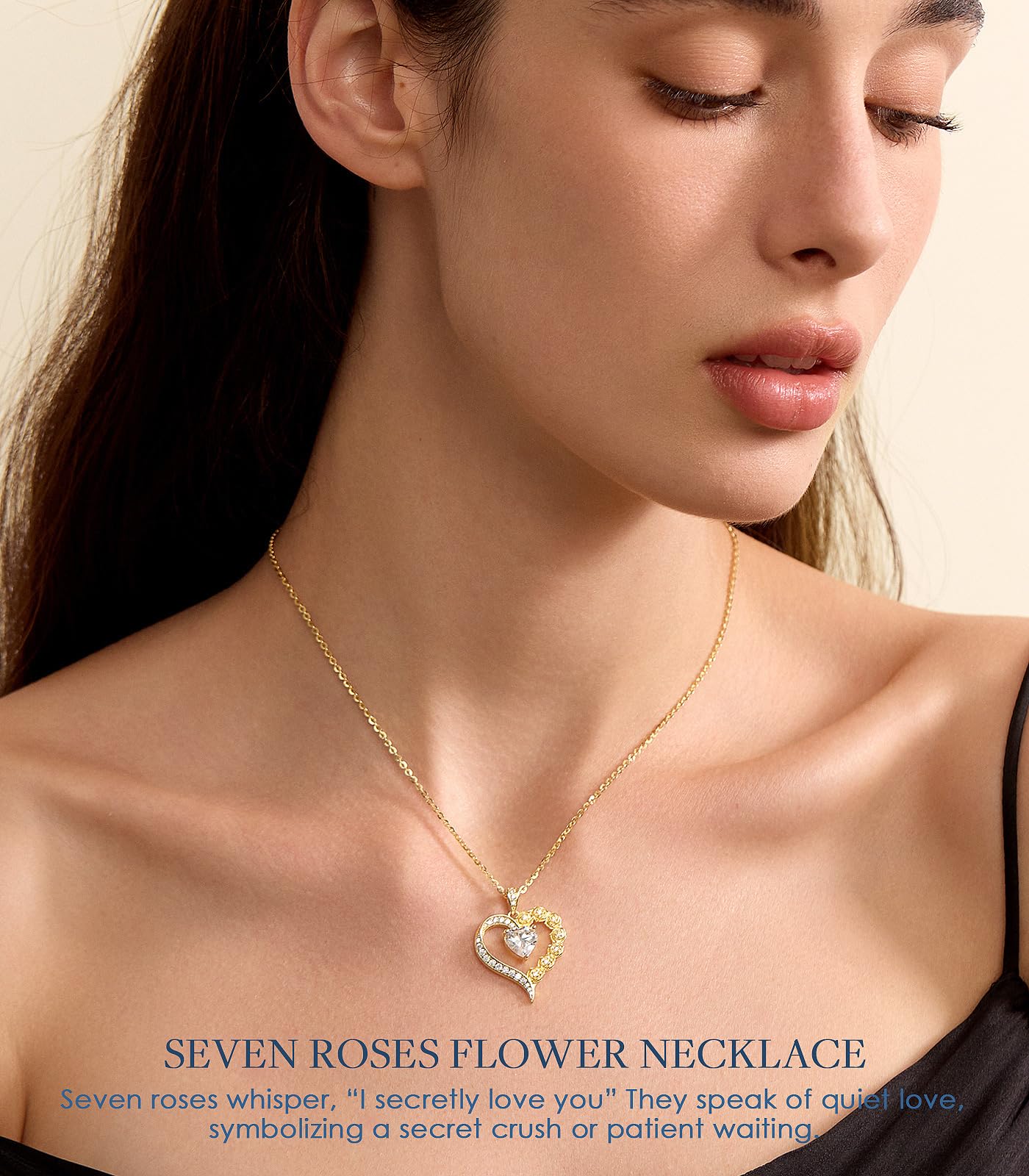 Beam & Bask 2 Carat Moissanite Rose Flower Heart Necklace for Her, Sterling Silver Plated with 18K Gold, Birthday, Wedding, Anniversary Pendant Jewelry for Girlfriend, Wife, Bride, Soulmate