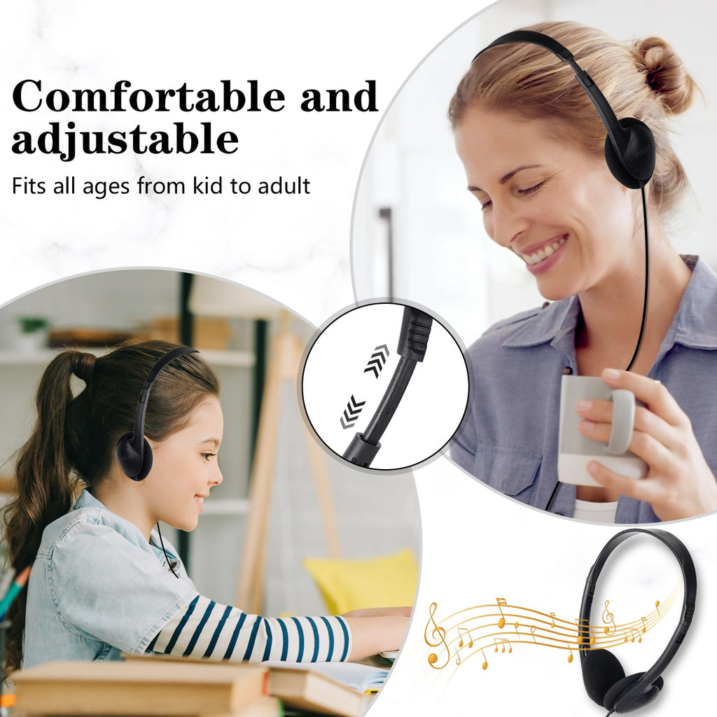 OSSZIT 30 Pack Class Set Headphones for Kids Students School Classroom Headphones Bulk Earphones Adjustable with 3.5 mm Jack for Library Children Adults (Black Color)