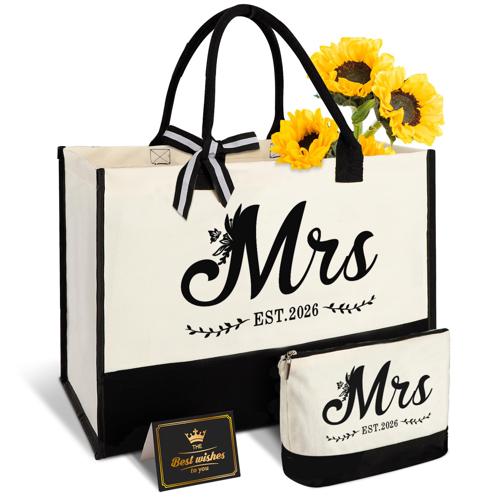 Vanqruo Mrs 2026 Bride Canvas Tote Bag with Makeup Bag, Wedding Gifts for Bridal Shower Bachelorette Party Engagement Honeymoon, Miss to Mrs, Bride to Be Gifts