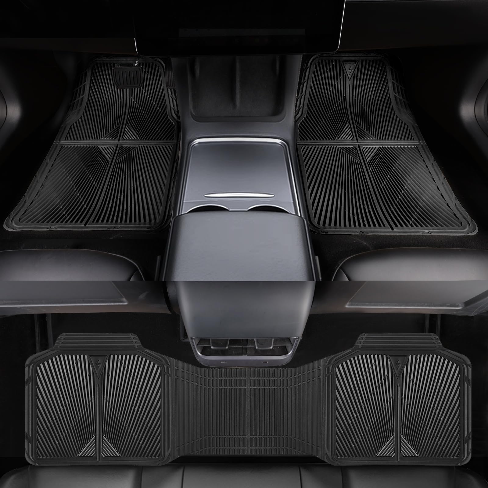 CAR PASS Rubber Floor Mats, All Weather Waterproof Trim-to-Fit Automotive Mats for Cars Trucks SUV, Anti-Slip Easy Clean, Heavy Duty Full Set 3-Piece, All Black