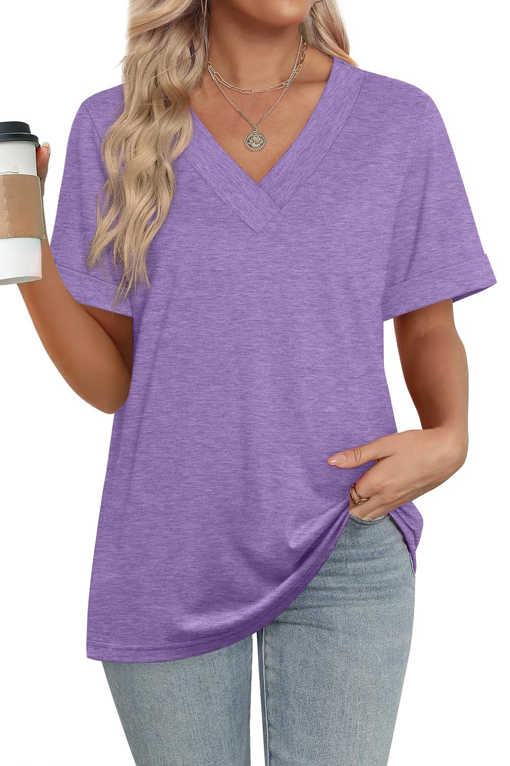 WIHOLL Womens Summer Tops Short Sleeve Casual V Neck T Shirts Loose Fit Trendy Fashion Travel Outfits Solid Color Purple XXL