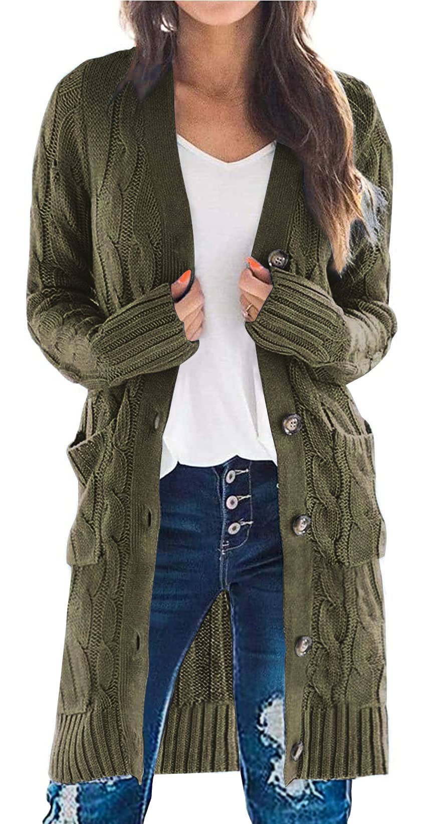 PRETTYGARDEN Long Sleeve Cable Knit Long Cardigan for Women 2026 Spring Winter Chunky Open Front Button Sweaters with Pockets (Army Green, Small)