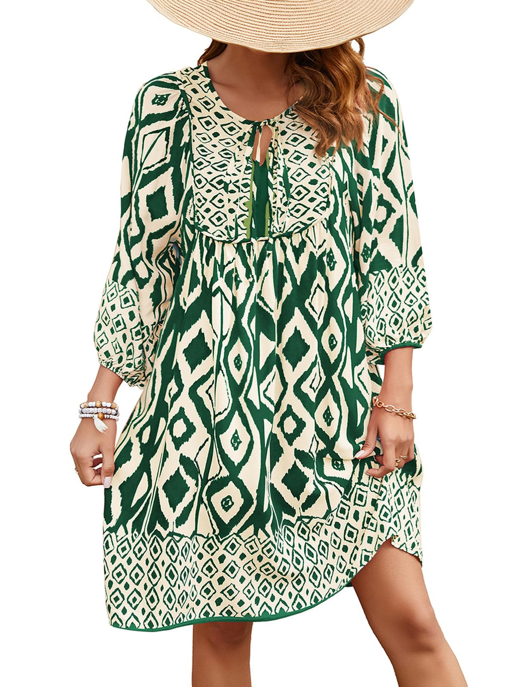 Qearal 3/4 Sleeve Casual Dresses for Women Summer Loose Short Green Bohemian Beach Dress Dark Green XL