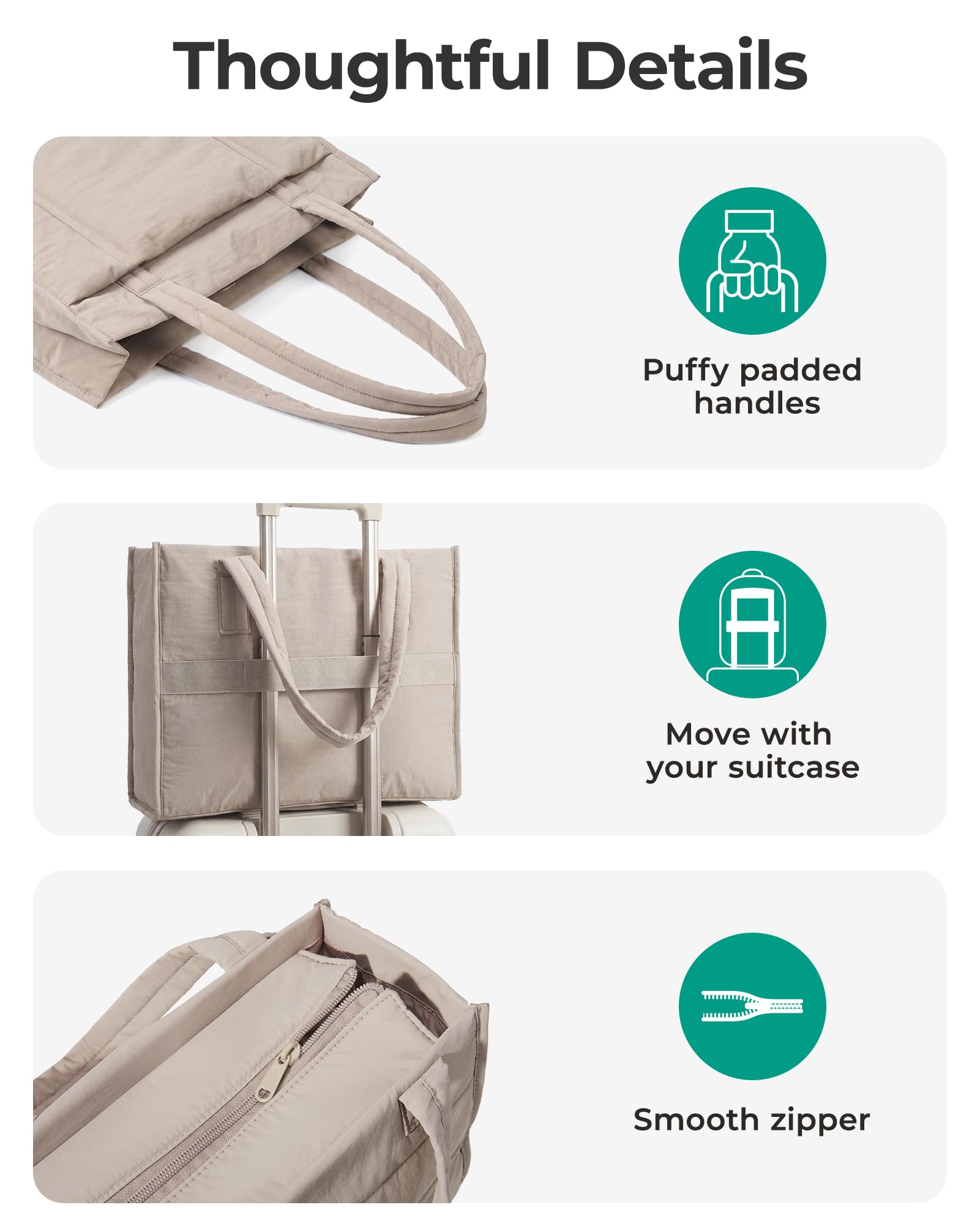 BAGSMART Tote Bag for Women, 2Pc Puffy Tote Bag Set with Zipper, Quilted Large Nurse Work Teacher Bag for Travel, Brown