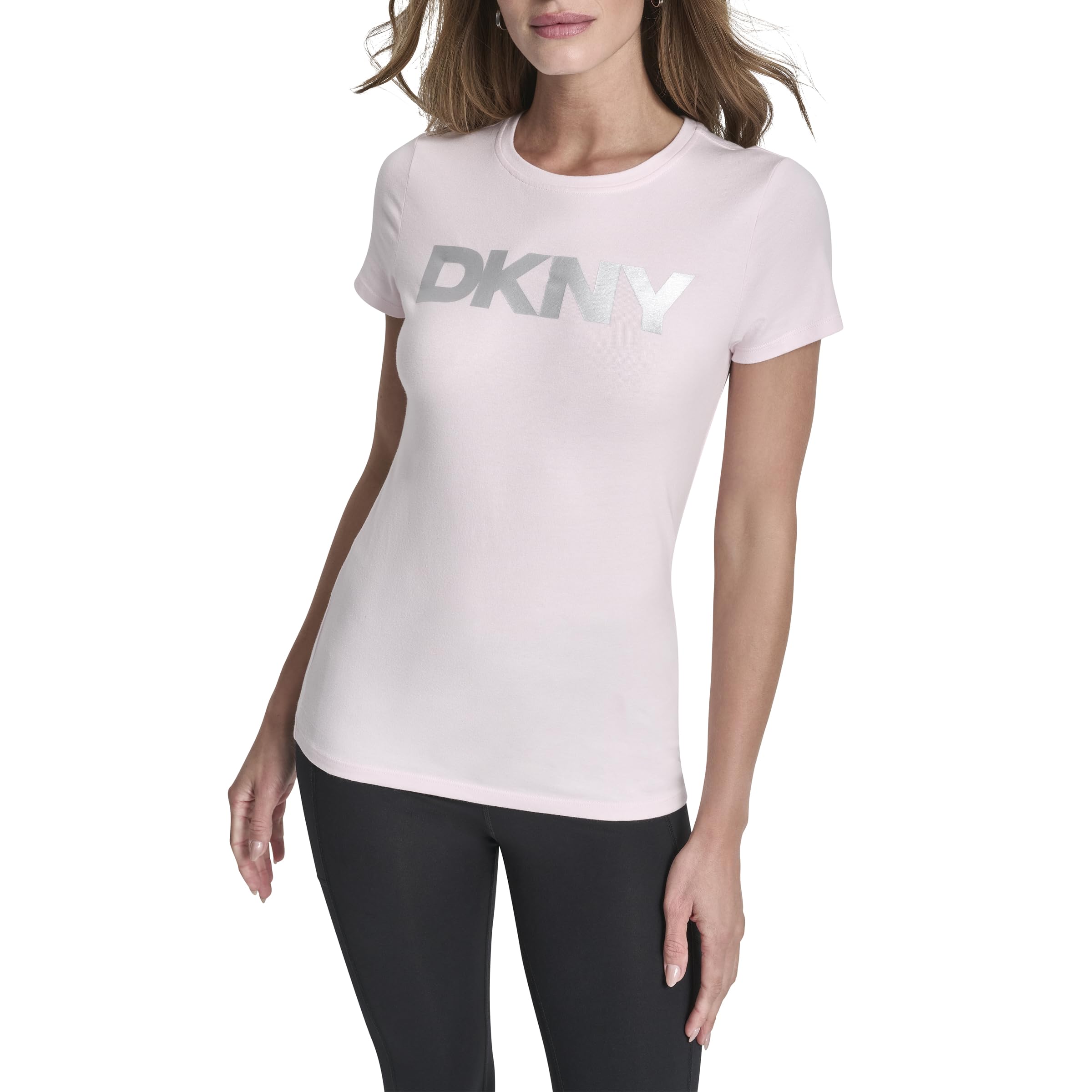 DKNY Women's Foil Logo Short Sleeve T-Shirt, Pink Moon, Large