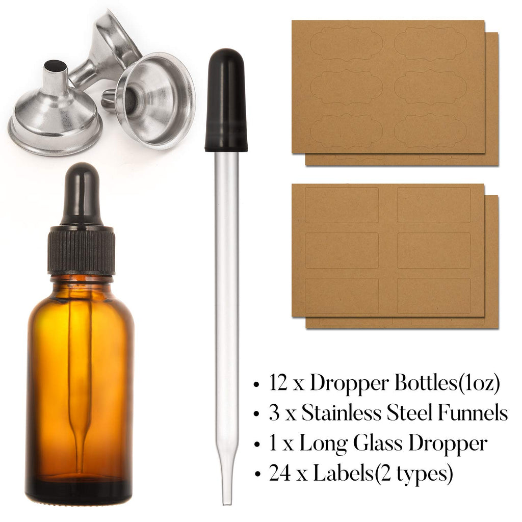12 pcs, 1 oz Amber Dropper Bottles w/ 3 Stainless Steel Funnels & 1 Long Glass Dropper - 30ml Glass Bottles with Eye Droppers, Leakproof Essential Oils Bottle for Health, Personal Care & Beauty