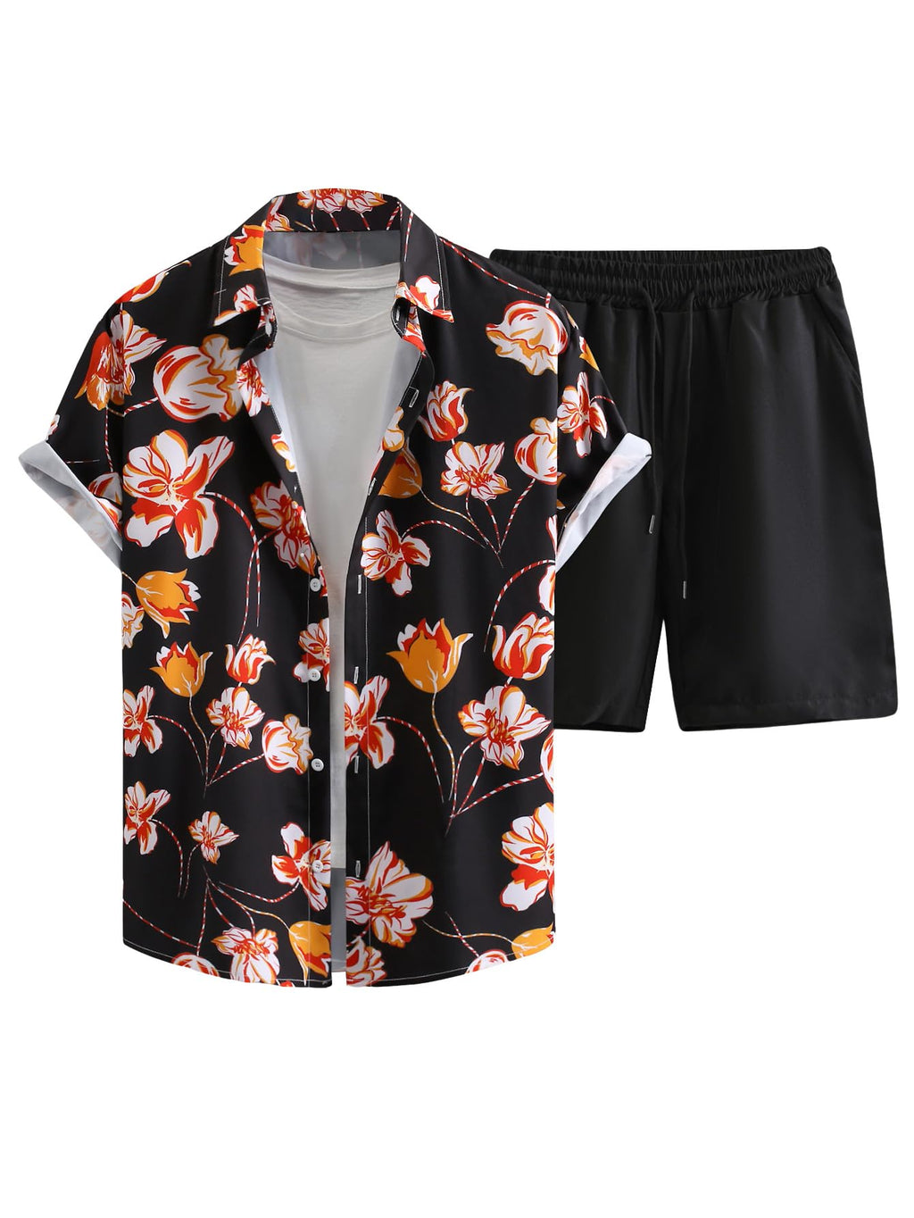 GORGLITTER Men's Vacation Beach Cruise Summer Outfits 2 Piece Shorts Set Hawaiian Button Down Shirt and Shorts Black Multi Large