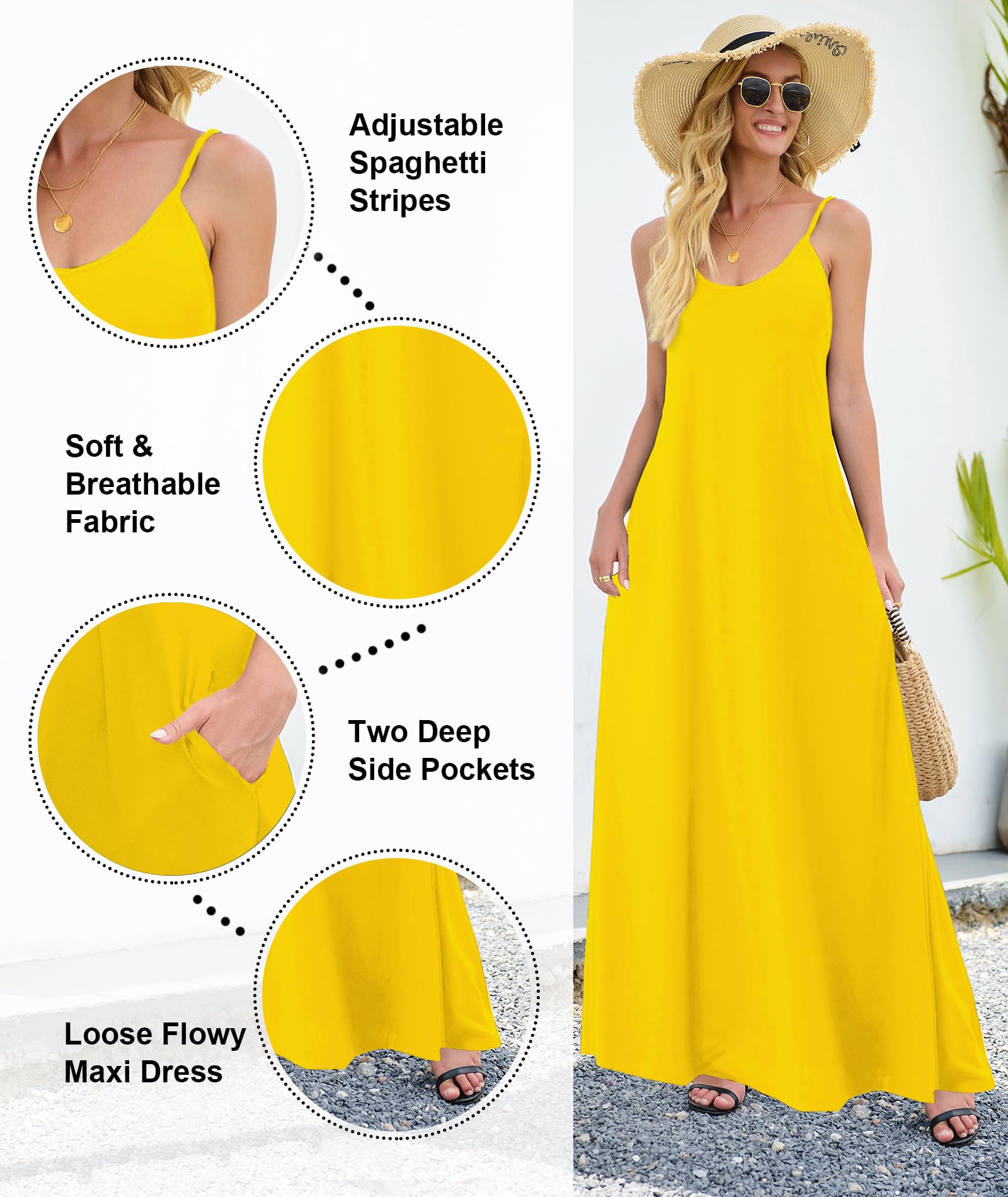 Wolddress Sleeveless Sundress Flowy Party Maxi Dress Adjustable Spaghetti Straps Dress for Daily Wear Work Coffee Shopping, Fall Outings Maternity Gender Reveal Soft Lightweight Yellow Large