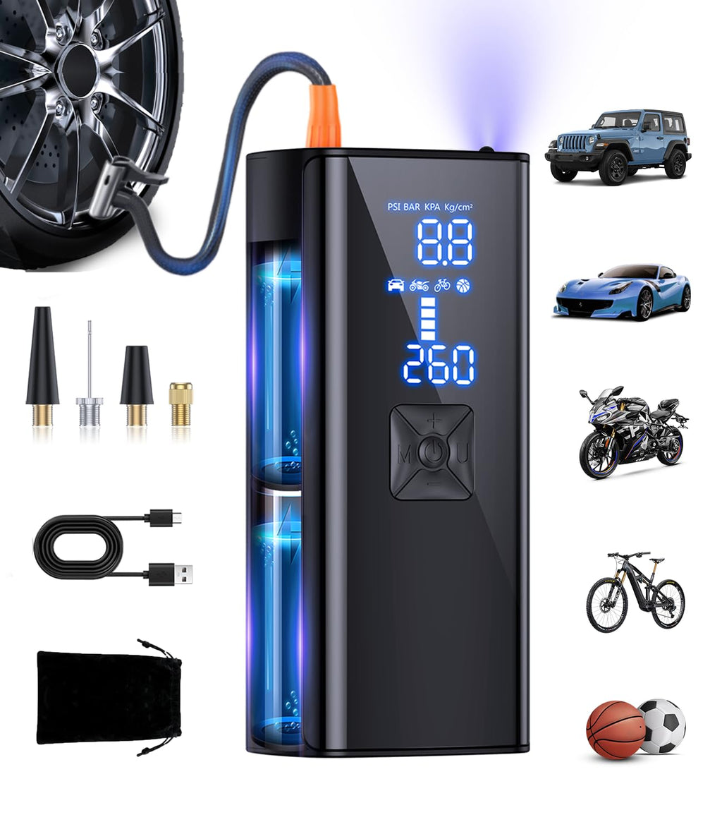 GJOSYOI Tire Inflator Portable Air Compressor, 2X Faster Inflation Air Pump with Tire Pressure Gauge and LED Light, 150 PSI Portable Compressor for Cars, Balls, Bikes and Motorcycles