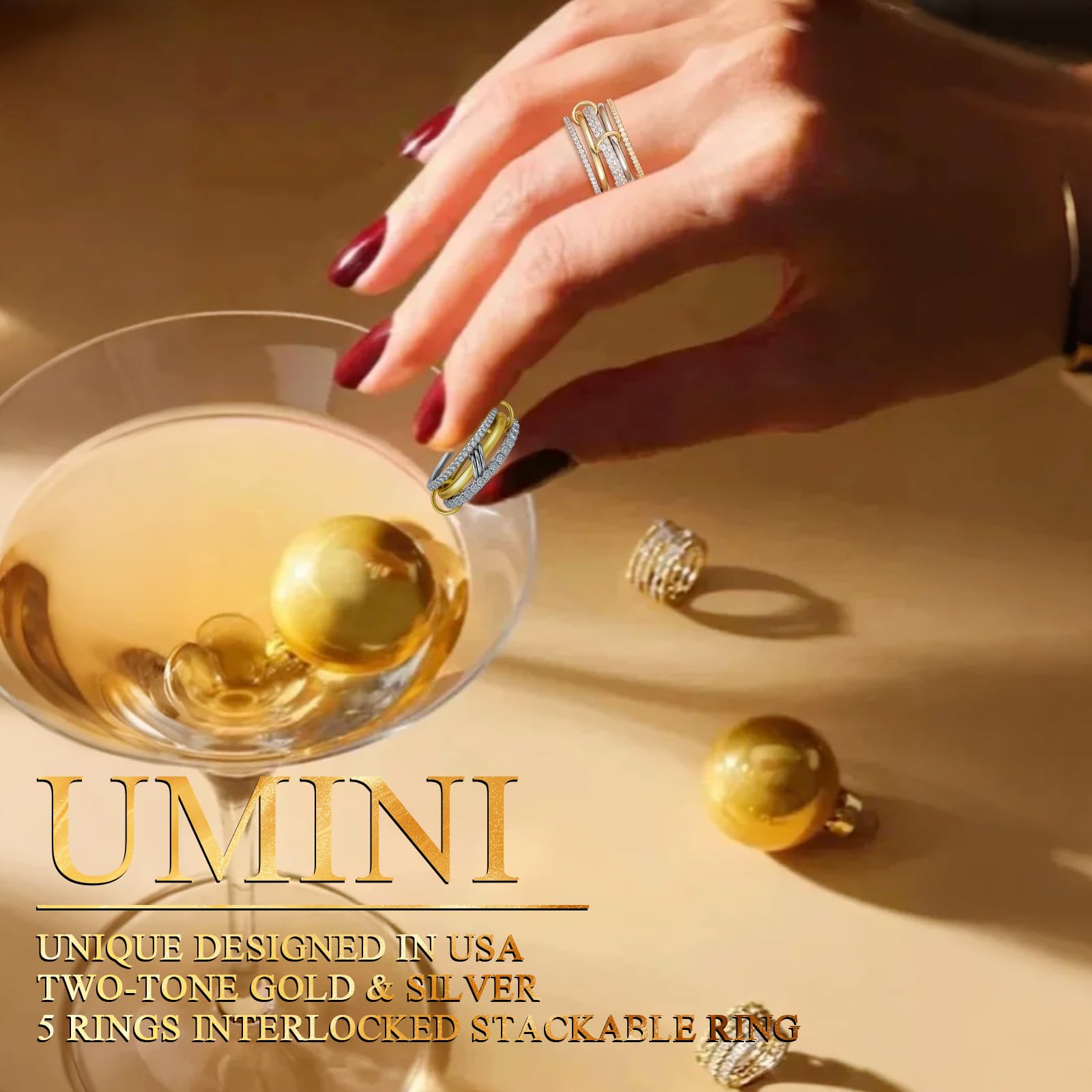 Umini 18K Gold plated Stackable Rings For Women Silver And Gold Stackable Ring Set Cubic Zircon Mixed Metal Rings For Engagement Wedding Birthday Valentine's Day Mother's Day Gift