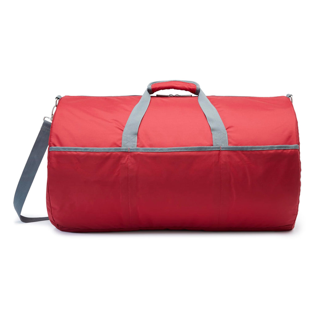 Amazon Essentials 25-inch Foldable Packable Nylon Duffel Bag for Travel and Sports with Multiple Zippered Pockets, 35 lb Weight Capacity, Collapsible for Easy Storage, Red
