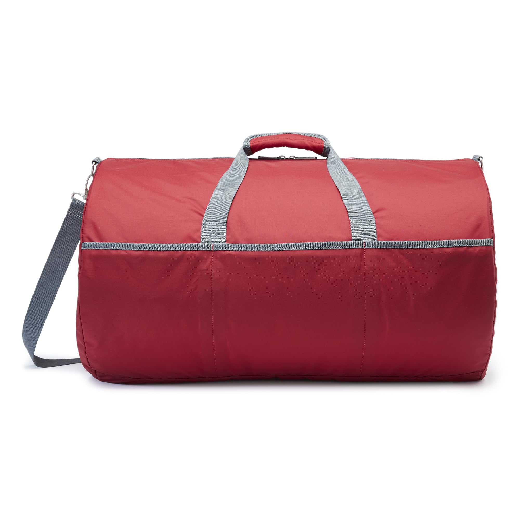 Amazon Essentials 25-inch Foldable Packable Nylon Duffel Bag for Travel and Sports with Multiple Zippered Pockets, 35 lb Weight Capacity, Collapsible for Easy Storage, Red