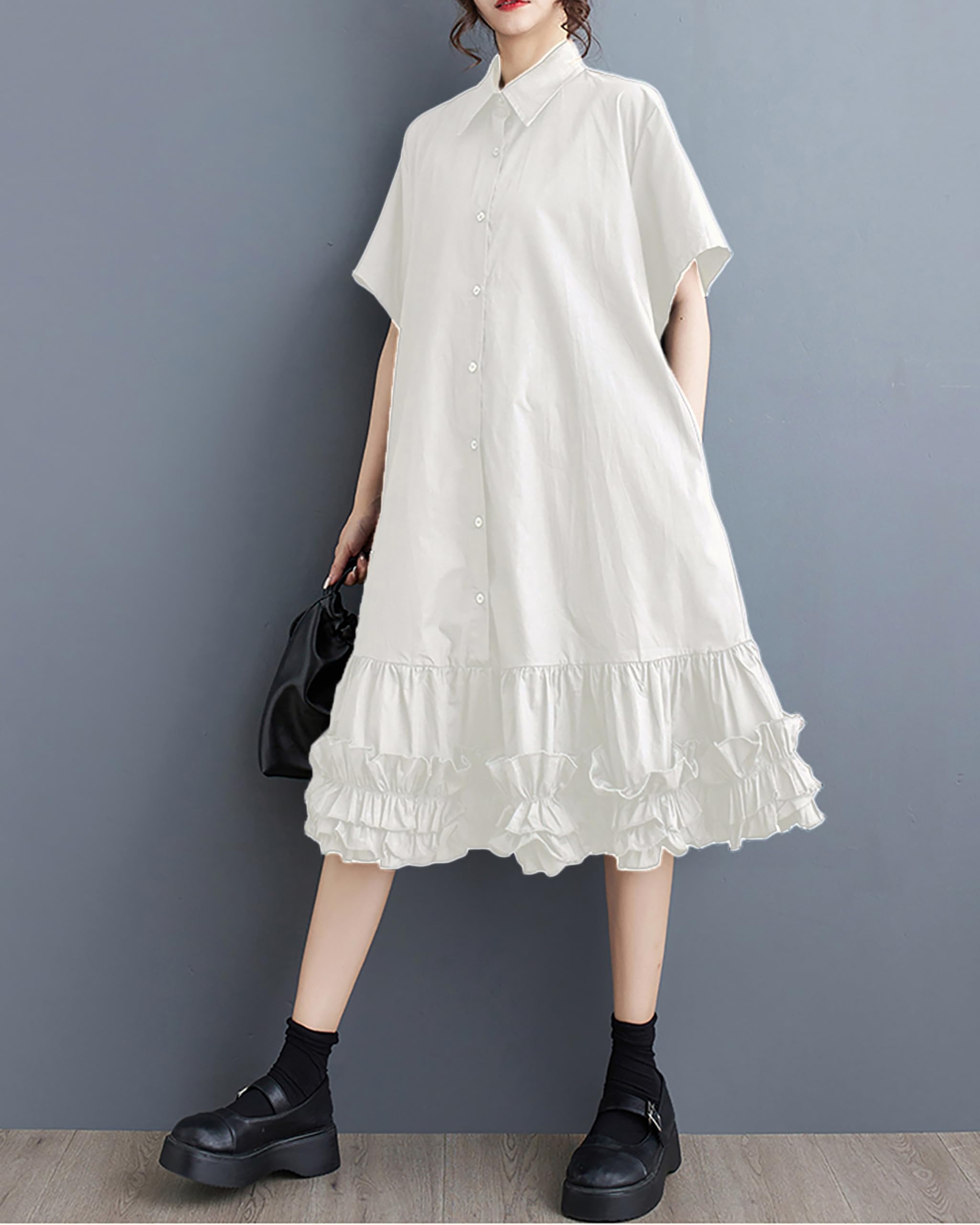 ellazhu Women's Shirt Dress Button Down Lapel Short Sleeve Ruffle Hem Oversize Loose Casual Solid GZ183 A, White, Small-X-Large