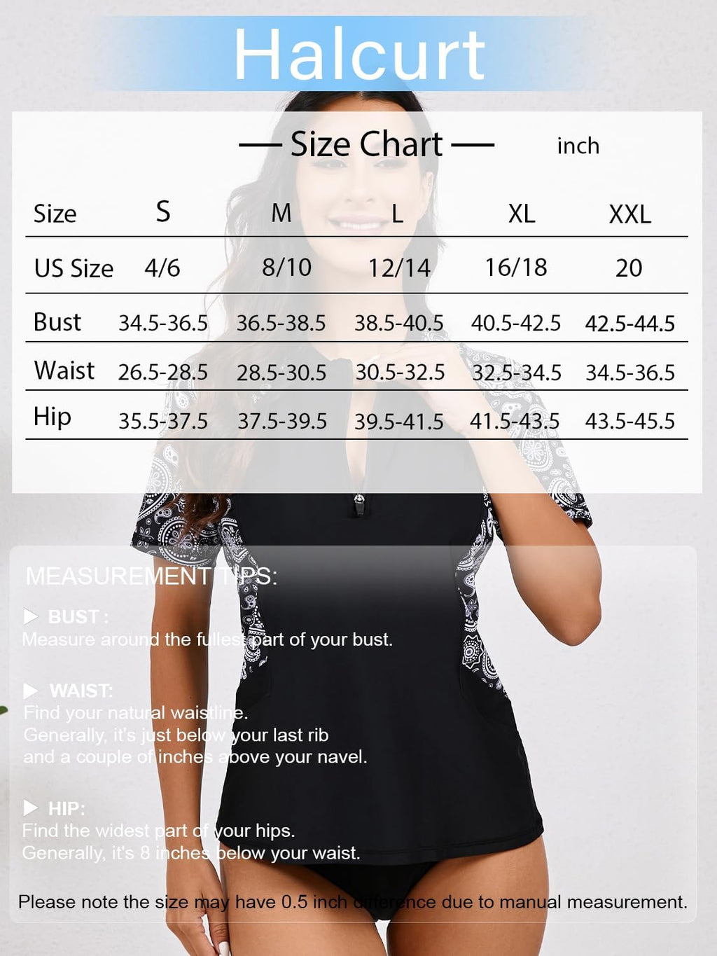 Halcurt Women's Half Zip Short Sleeve Rash Guard Top with Bra Side Pockets Swim Shirts UPF50+ Swimsuit Black White Paisley S
