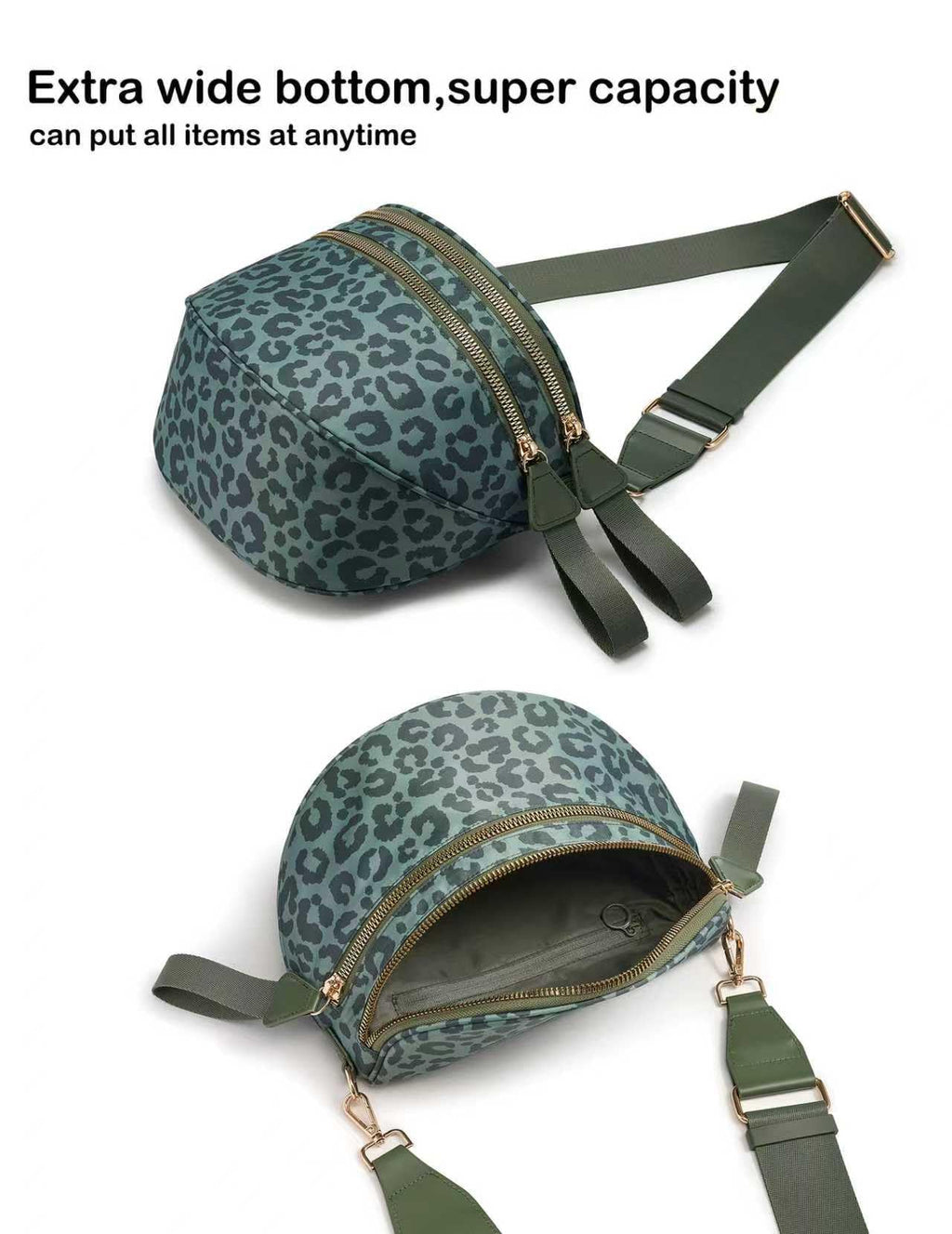 FEIBOON Spacious Nylon Crossbody Bag Bum Bag Handbags Wallets Purses Trendy Shoulder Bag for Women (Bean Green Leopard)