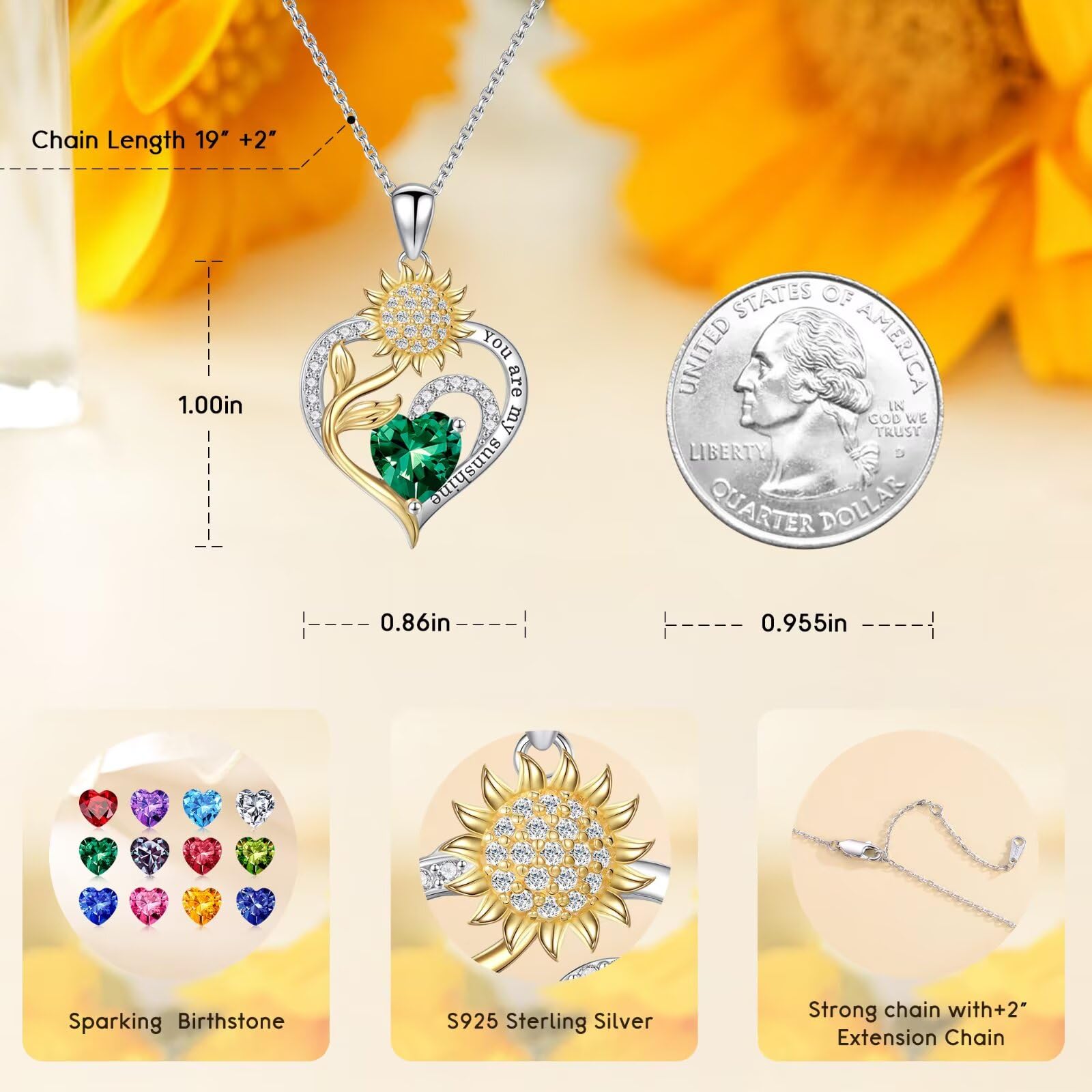 Iefil Sunflower Gifts for Women, Sunflower Necklace, Anniversary Birthday Gifts for Her, You Are My Sunshine Necklaces, October Tourmaline Jewelry, Heart Pendant Birthstone Necklace for Women Wife Mom