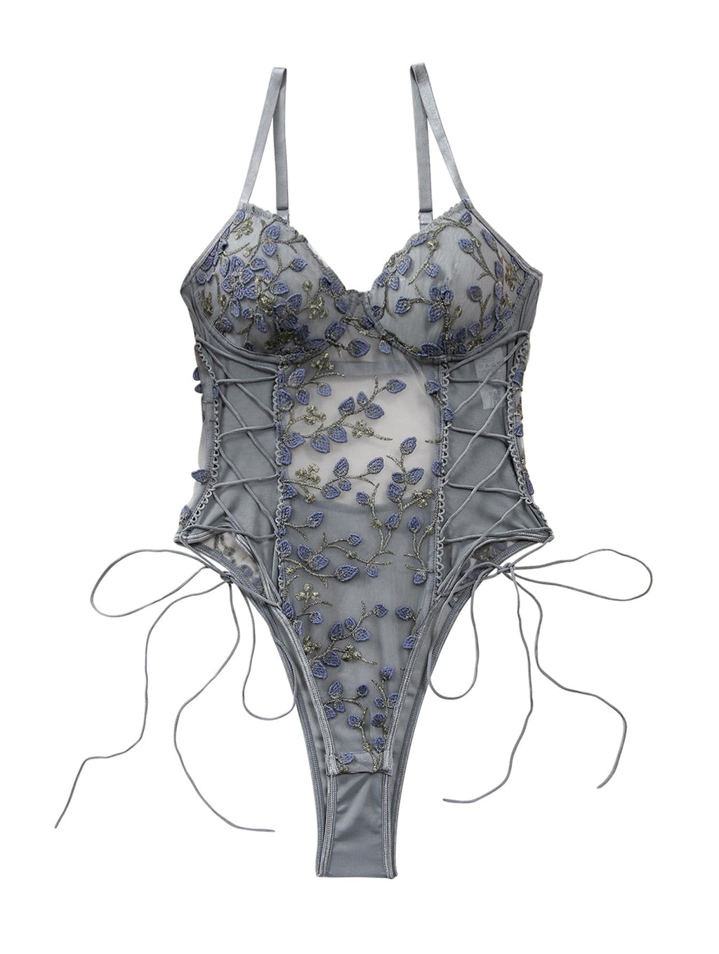 Lilosy Women Sexy Lace Up Floral Embroidered Teddy Babydoll Lingerie Bodysuit Top Mesh Sheer One Piece See Through Medium Grey
