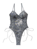 Lilosy Women Sexy Lace Up Floral Embroidered Teddy Babydoll Lingerie Bodysuit Top Mesh Sheer One Piece See Through Medium Grey