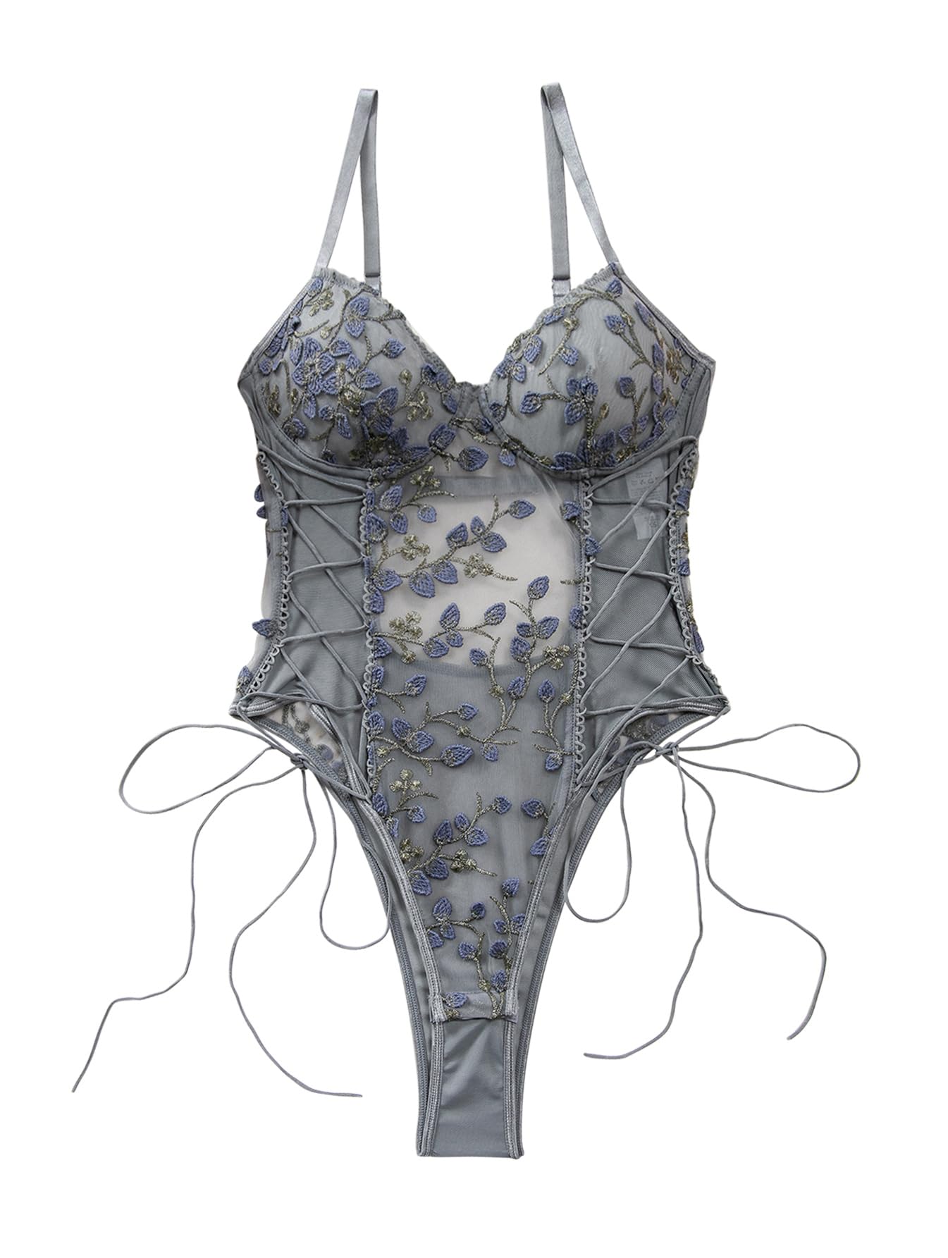 Lilosy Women Sexy Lace Up Floral Embroidered Teddy Babydoll Lingerie Bodysuit Top Mesh Sheer One Piece See Through Medium Grey