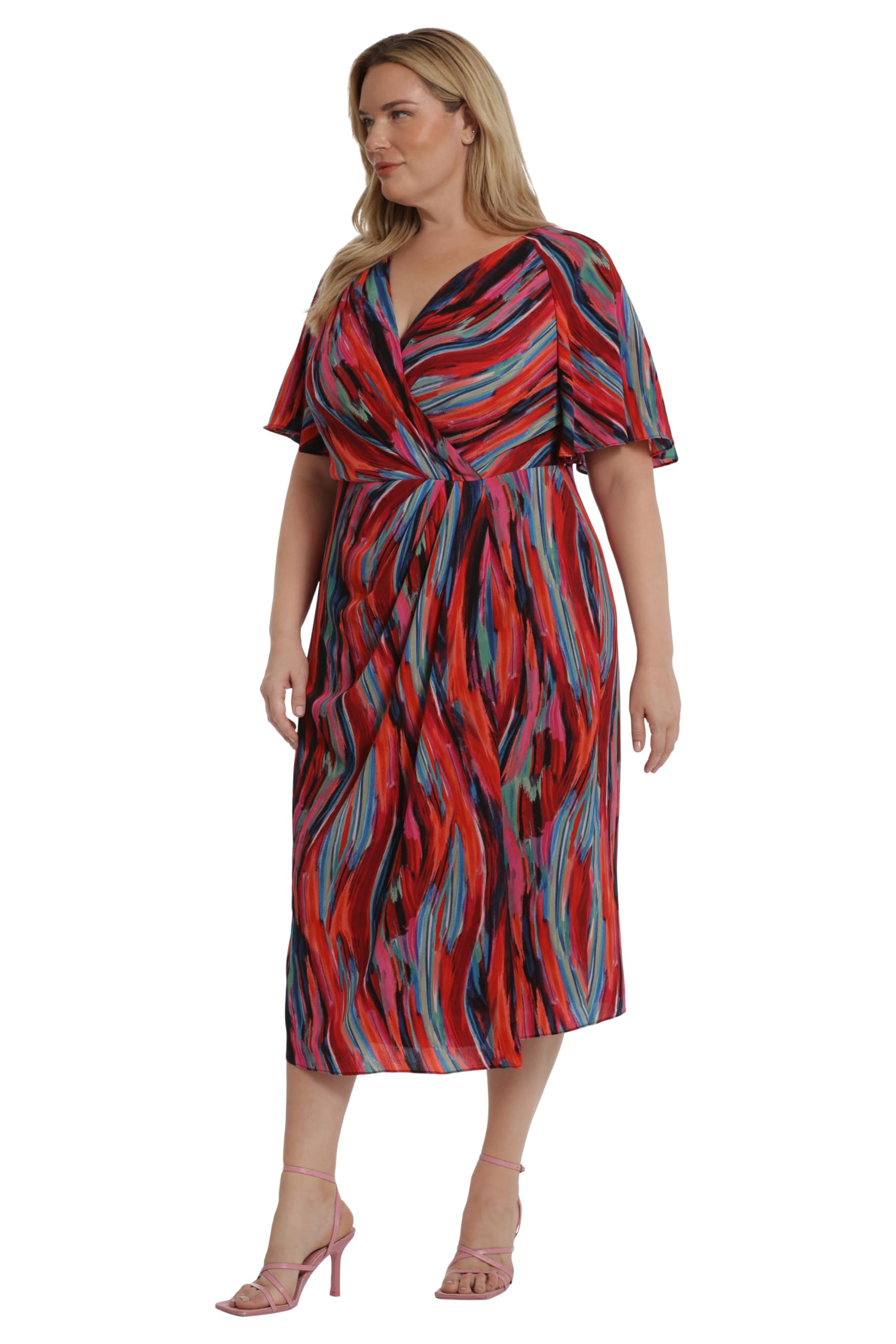 Maggy London Women's Dresses Short Flutter Sleeve Faux Wrap Midi Dress