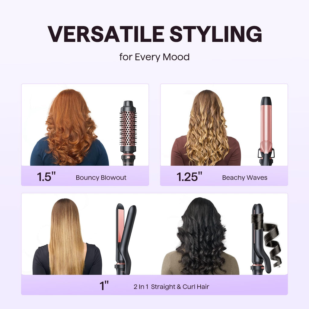 Wavytalk 3 in 1 Curling Wand Set, Multi Curl, Curling Iron Set with Heated Round Brush, Flat Iron Hair Straightener, 1 1/4 inch Curling Iron, Dual Voltage Hair Curler