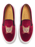 Women's Fashion Velvet Sneakers with Embroidery Light Weight Comfortable Slip-On Work Shoes for Women Cat Burgundy US 9.5