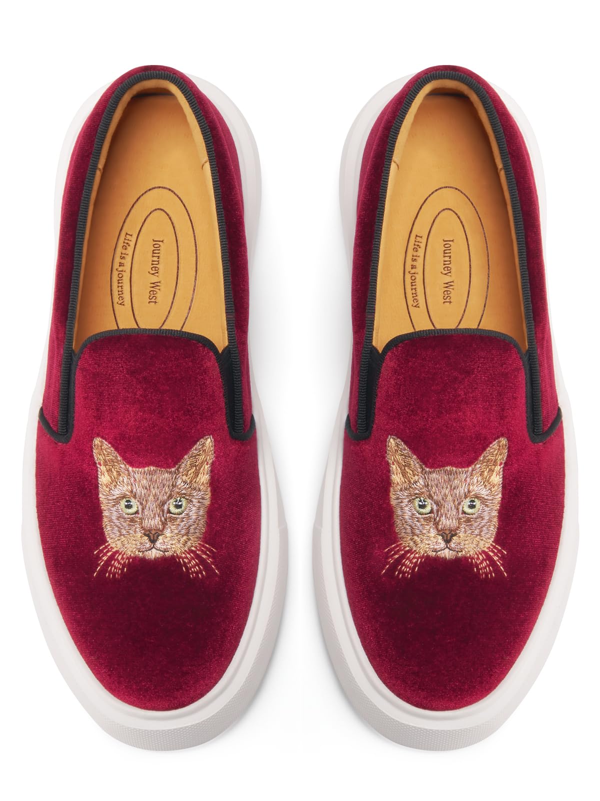 Women's Fashion Velvet Sneakers with Embroidery Light Weight Comfortable Slip-On Work Shoes for Women Cat Burgundy US 9.5