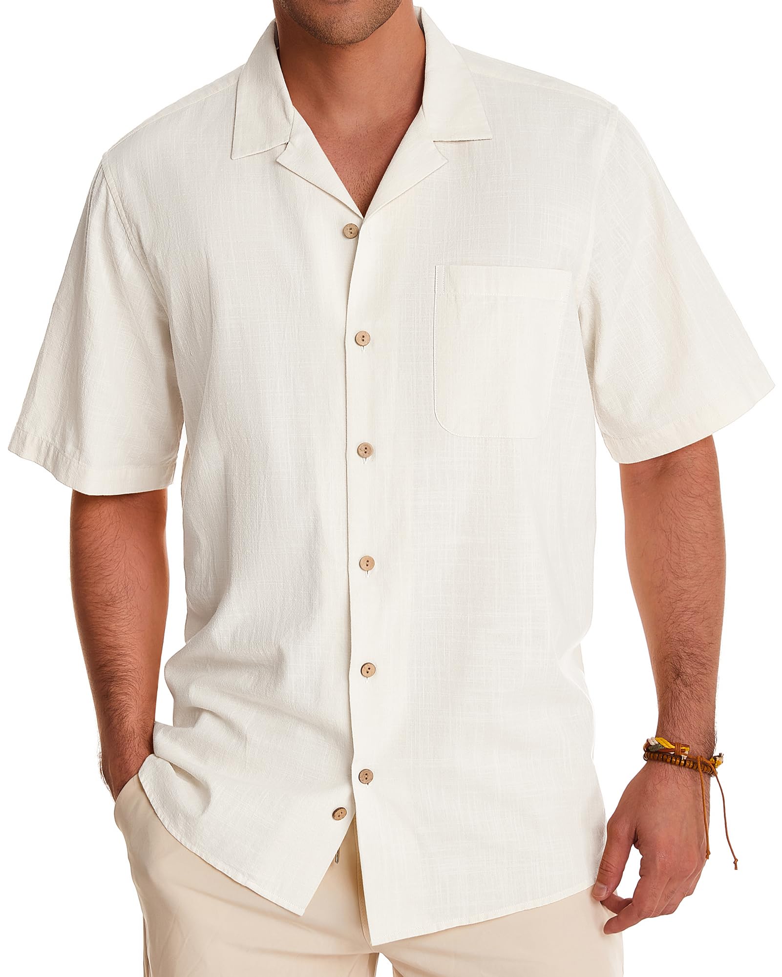 Alimens & Gentle Linen Shirts for Men Short Sleeve Button Down Shirts Cotton Summer Beach Cuban Shirts Vacation Hawaiian Shirts