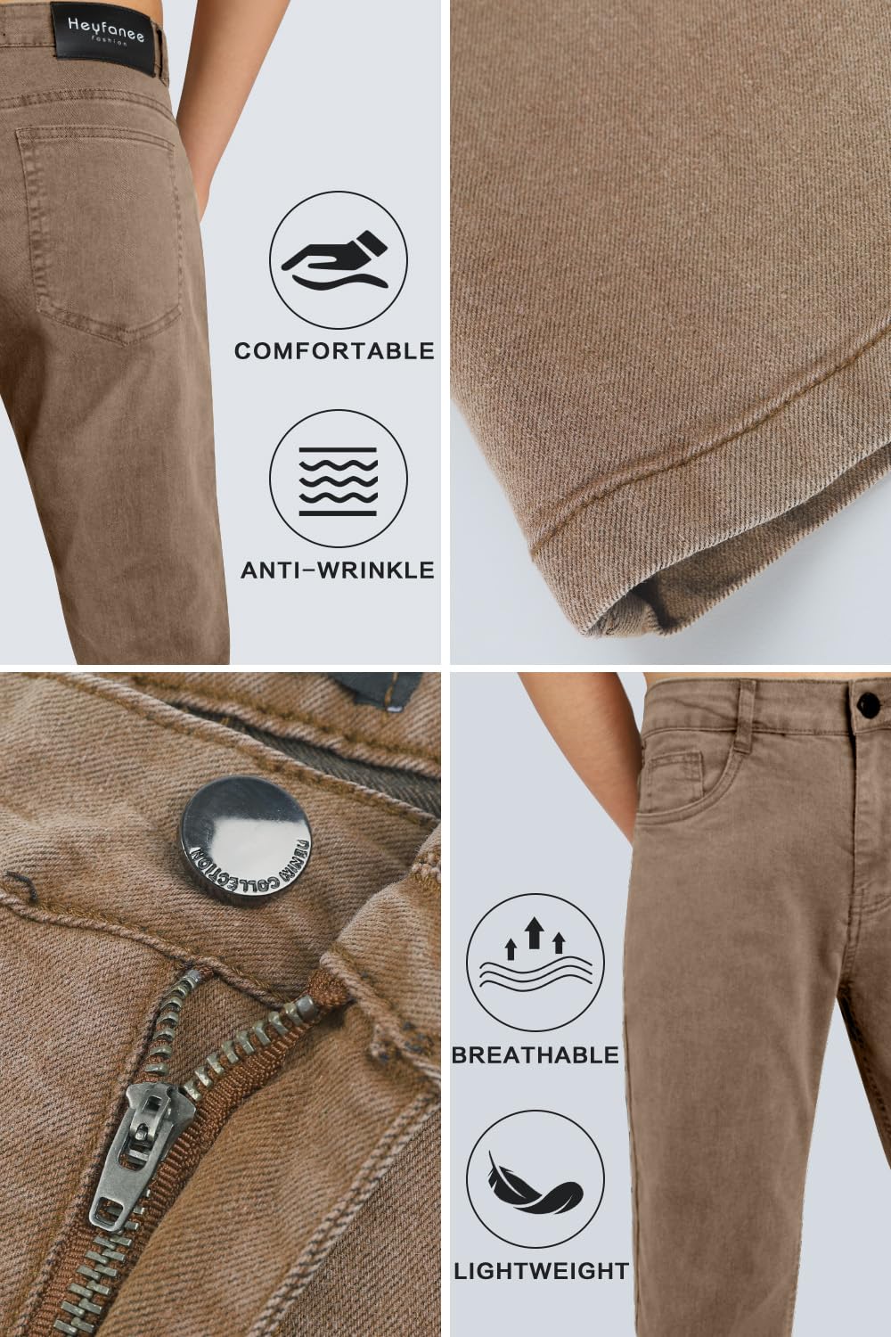 Heyfanee Mens Jeans Slim Fit Stretch Denim Pants for Men Slim Leg Brown 32x30