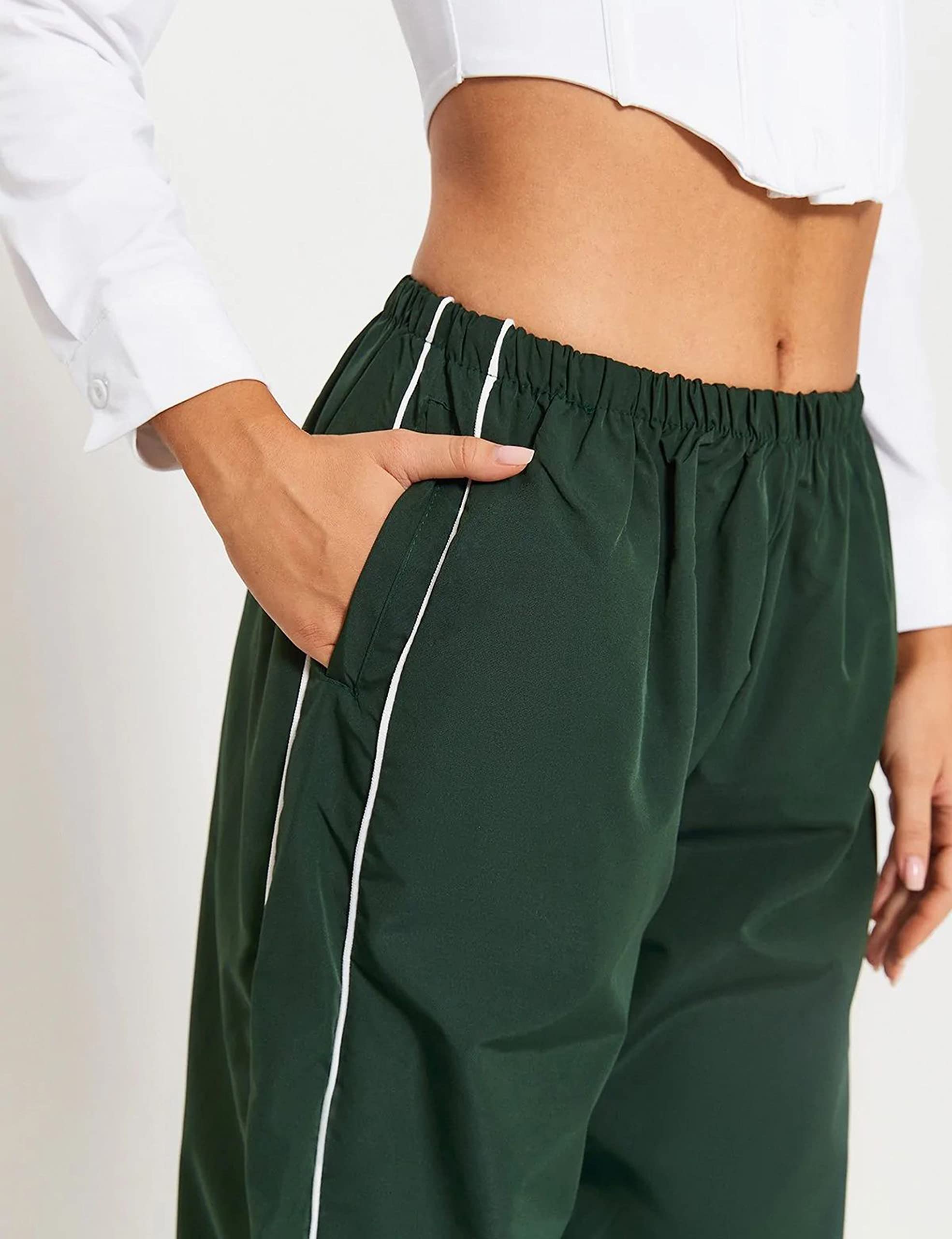 Springrain Womens Wide Leg Track Pants Slouchy Stripe Detail Jogger Sweatpants with Pockets(ArmyGreen-XS)