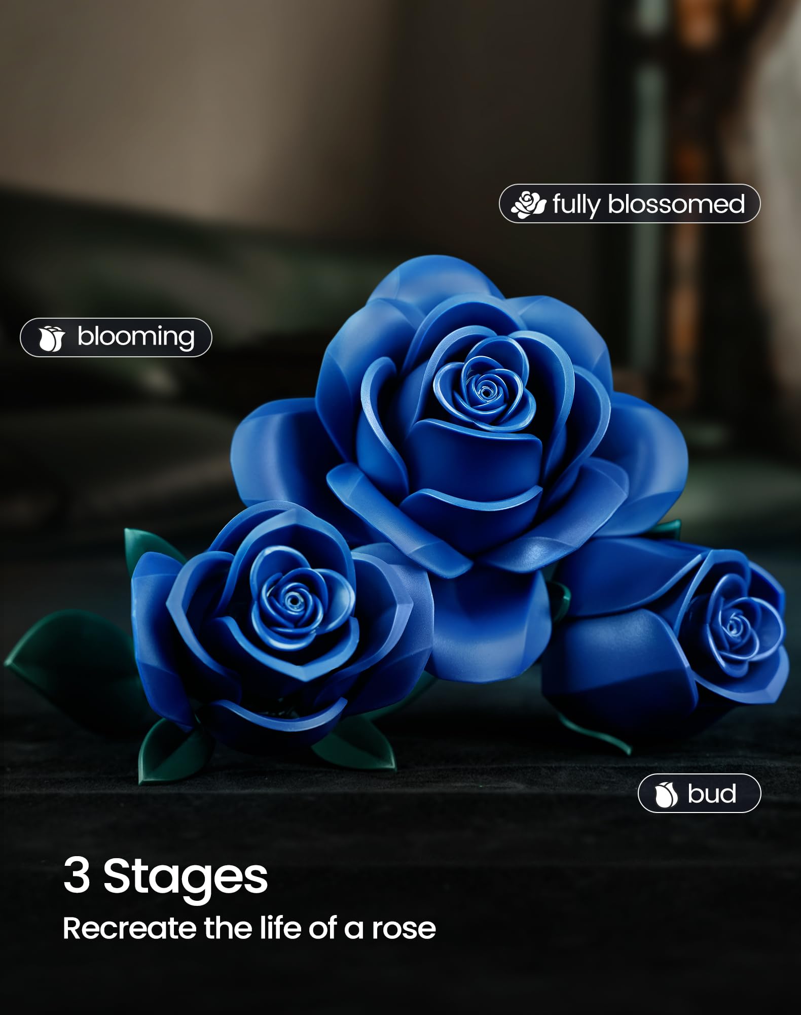 iATOM Blue Rose Bouquet Building Set, 12Pcs Flowers Botanical Collection for Adults, Valentine's Day Gift for Her/Girlfriend/Mom/Wife/Couple, Vintage Home Office Table Centerpiece Decor Aesthetic