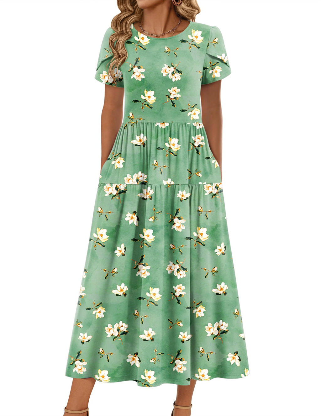 Zeagoo Green Dress for Women Casual Loose Bohemian Floral Dress A Line Flowy Maxi Dress Green Floral M