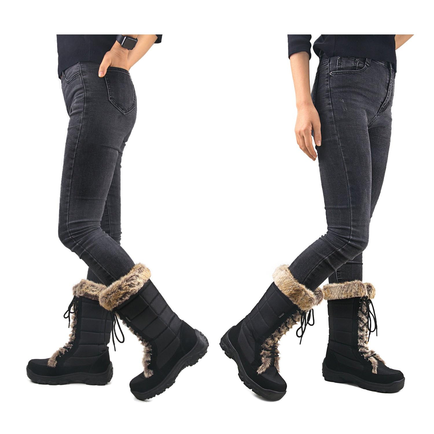 AUSLAND Women's Black Winter Snow Boots Twin Peaks Fur Cuff Mid-Calf Waterproof Lace Up Boots E7623 8US/39EU