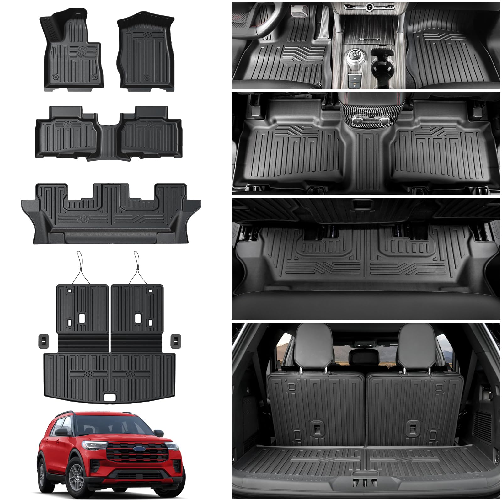 HOUCLEMIC Floor Mats for 2020-2025 2026 Ford Explorer 7 seat Accessories, Cargo Mat with Backrest Mat All Weather TPE Waterproof for Ford Explorer 7 Passenger Bench Seat ST Accessories 2025 2024 2023