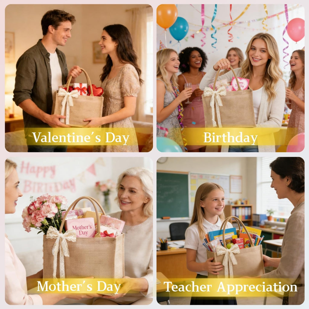 8pcs Burlap Tote Bag Set with Handles, Waterproof Reusable Blank Water Resistant Grocery Bags with Ribbon Large Jute Tote 15.35*6*12 In for Women Bridesmaid Gift Christmas Shopping Wedding Travel DIY