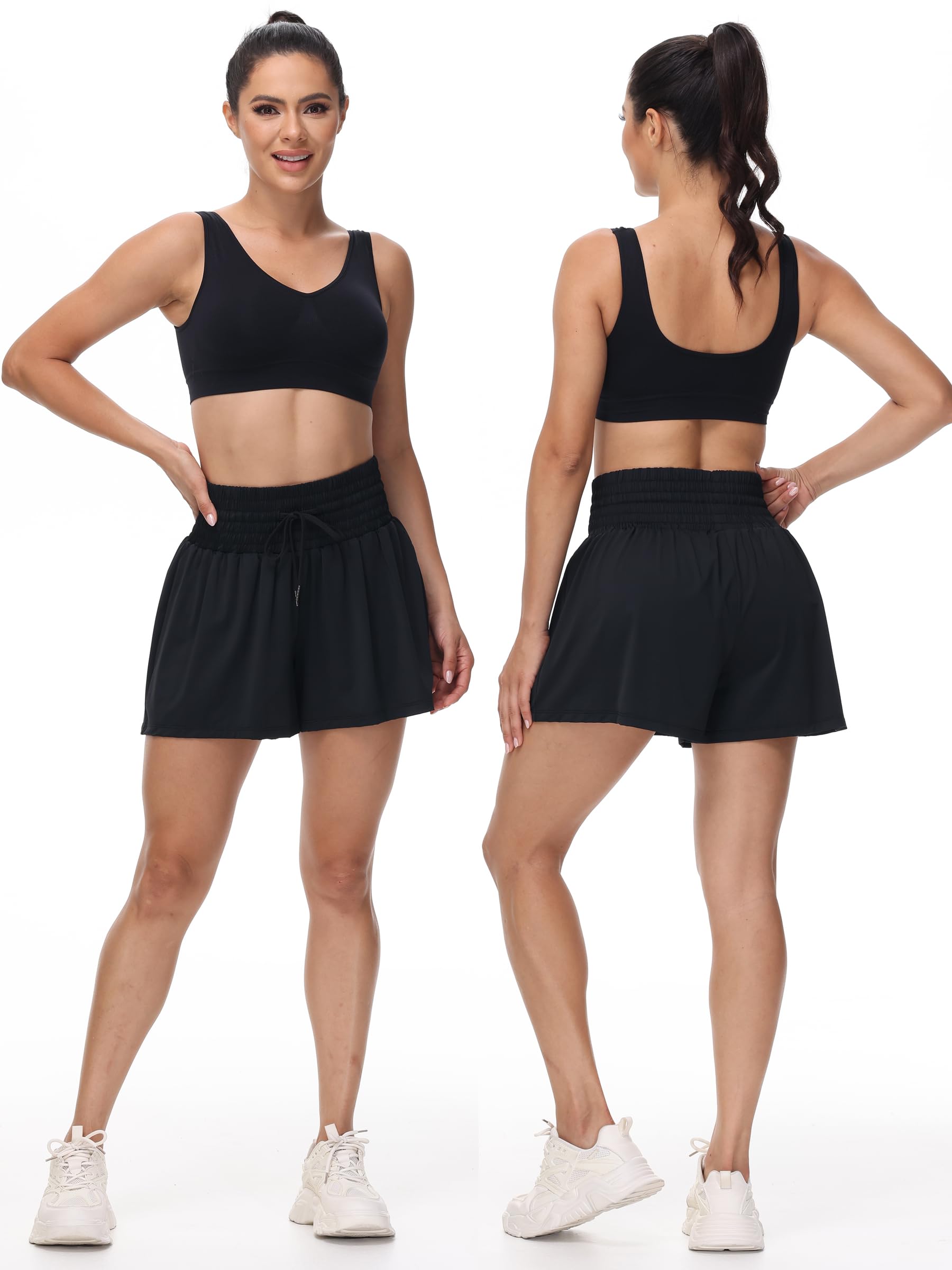 Flowy Athletic Shorts for Women Workout Running Gym Yoga Sport Short Pants Sweat Tennis Skirt Skort High Waisted with Pockets Biker Spandex Cute Comfy Lounge Trendy Clothes Casual Summer Black S