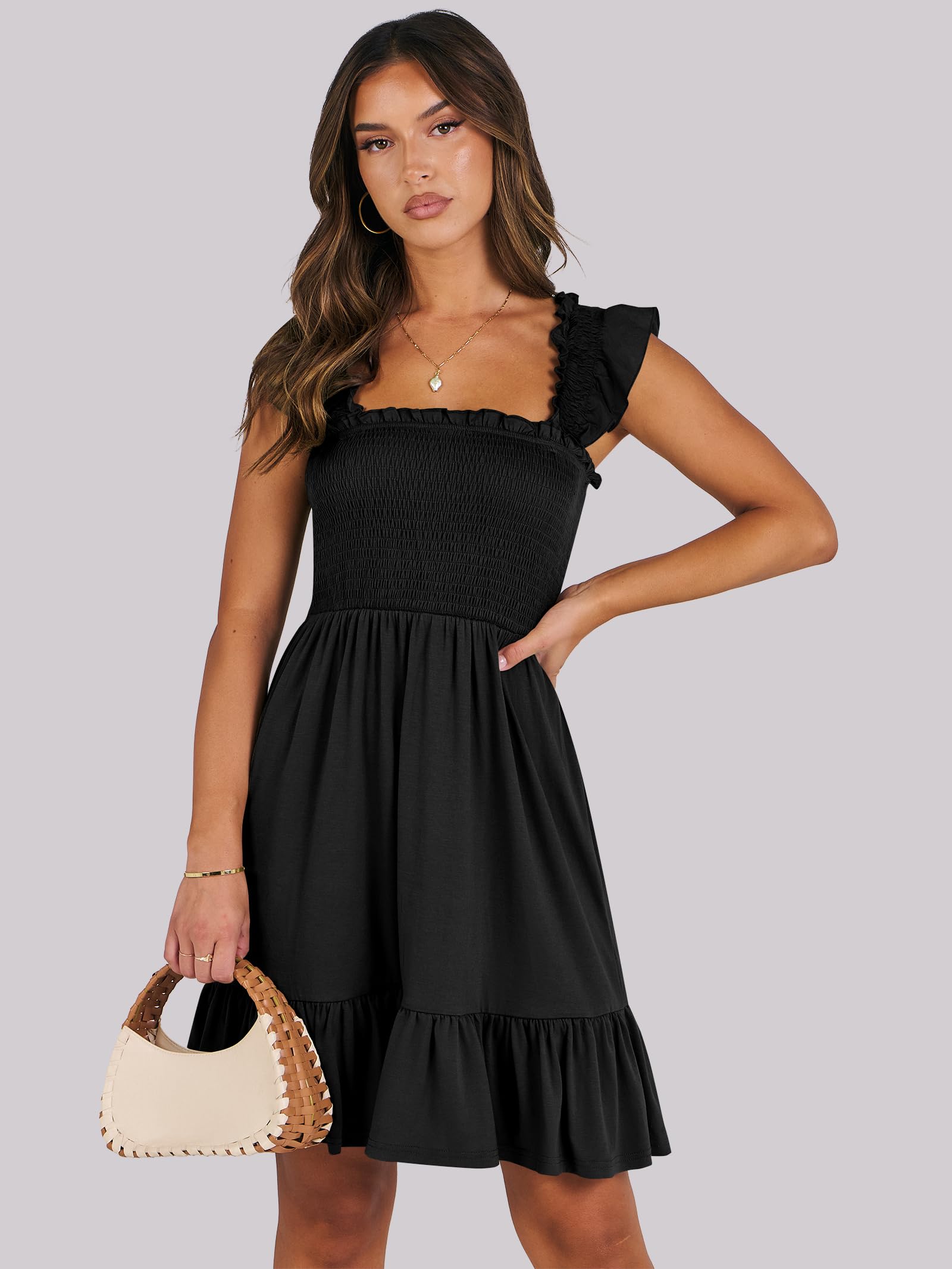 ANRABESS Women's Summer Casual Sleeveless Square Neck Dress 2025 Smocked Ruffle Backless Boho Beach Cute Teen Short Sundress Black Medium