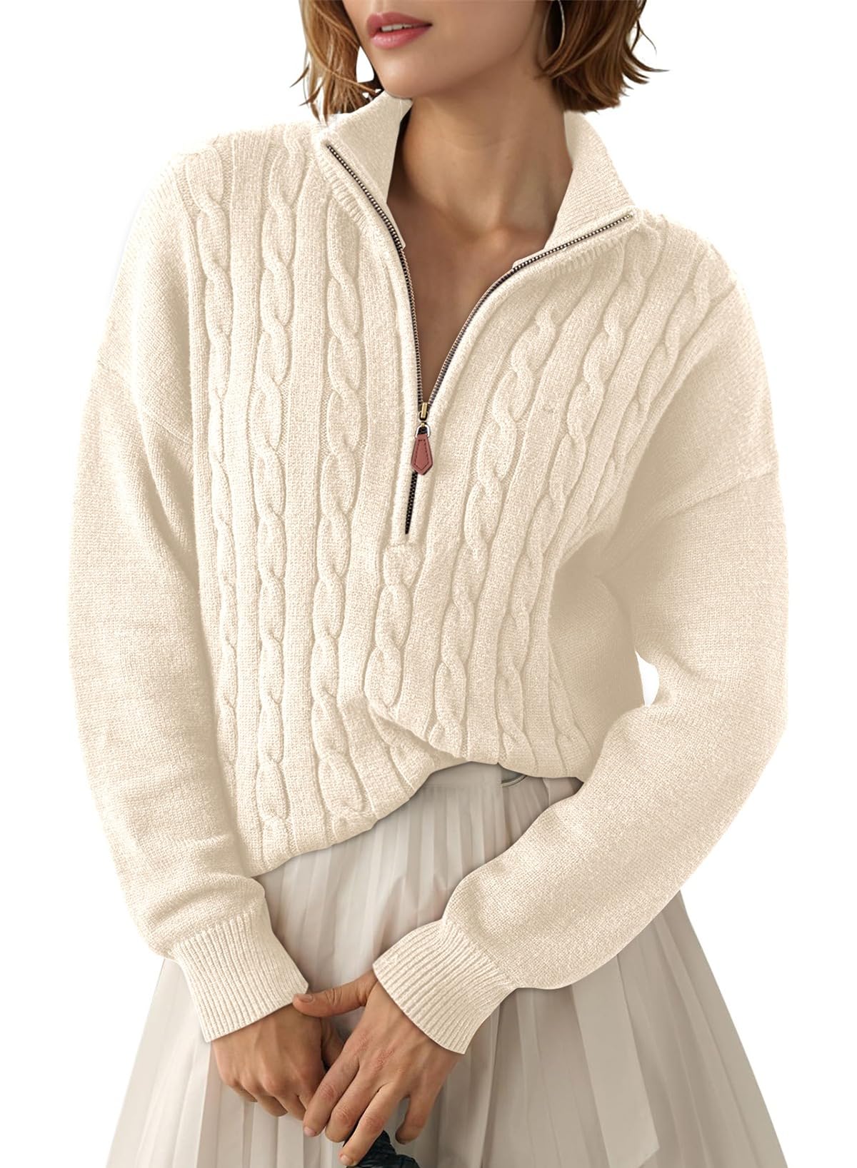 Dokotoo White Womens Early Fall Sweaters for Women Trendy 2025 Outfits Winter Clothes Cable Knit Dressy Casual Women's Sweater Fashion Old Money Cute Quarter Zip Sweater Pullover Oversized Tops