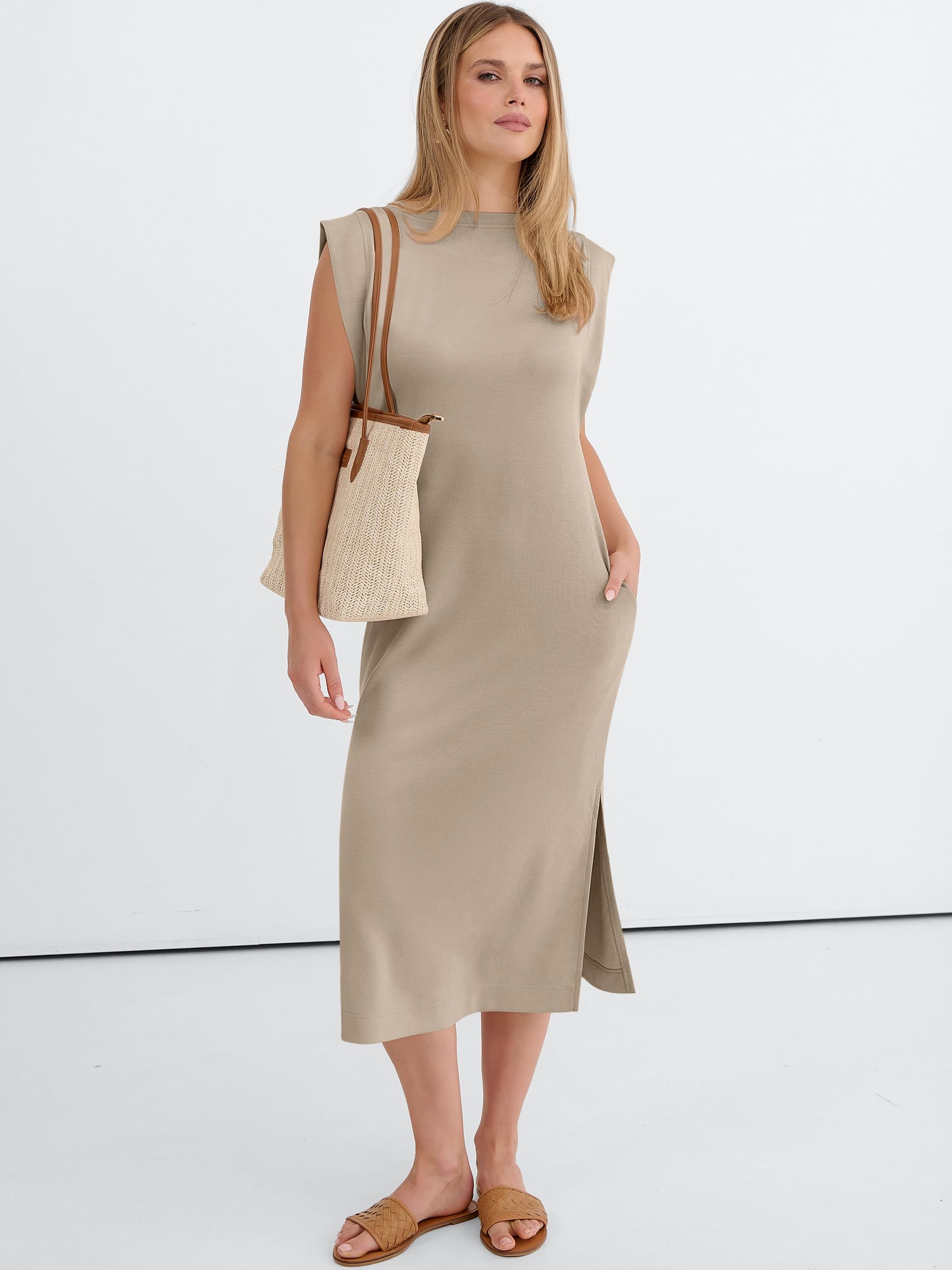 ANRABESS Womens Summer Casual Midi Dress Sleeveless Crewneck Loose Split Wrinkle-Free Beach Travel Vacation Long Sundress Medium