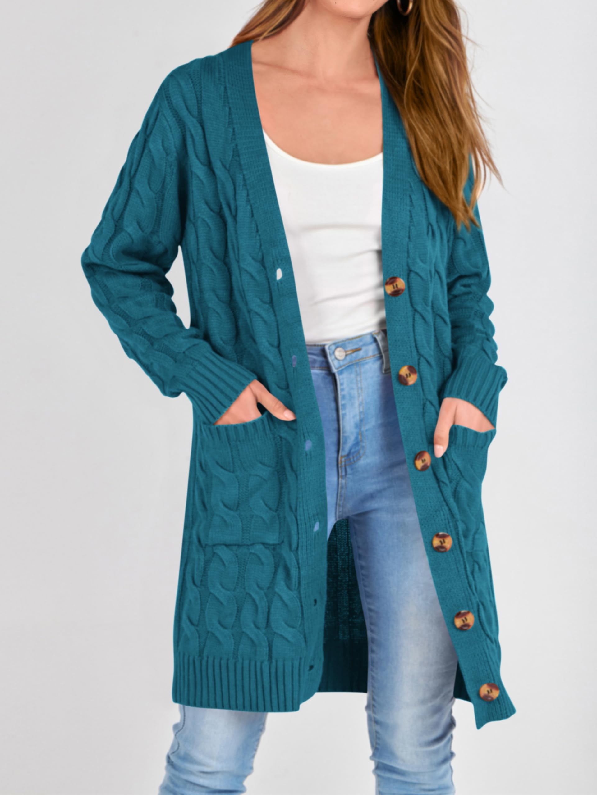 PRETTYGARDEN Long Sleeve Cable Knit Long Cardigan for Women 2026 Spring Winter Chunky Open Front Button Sweaters with Pockets(Cyan,Small)