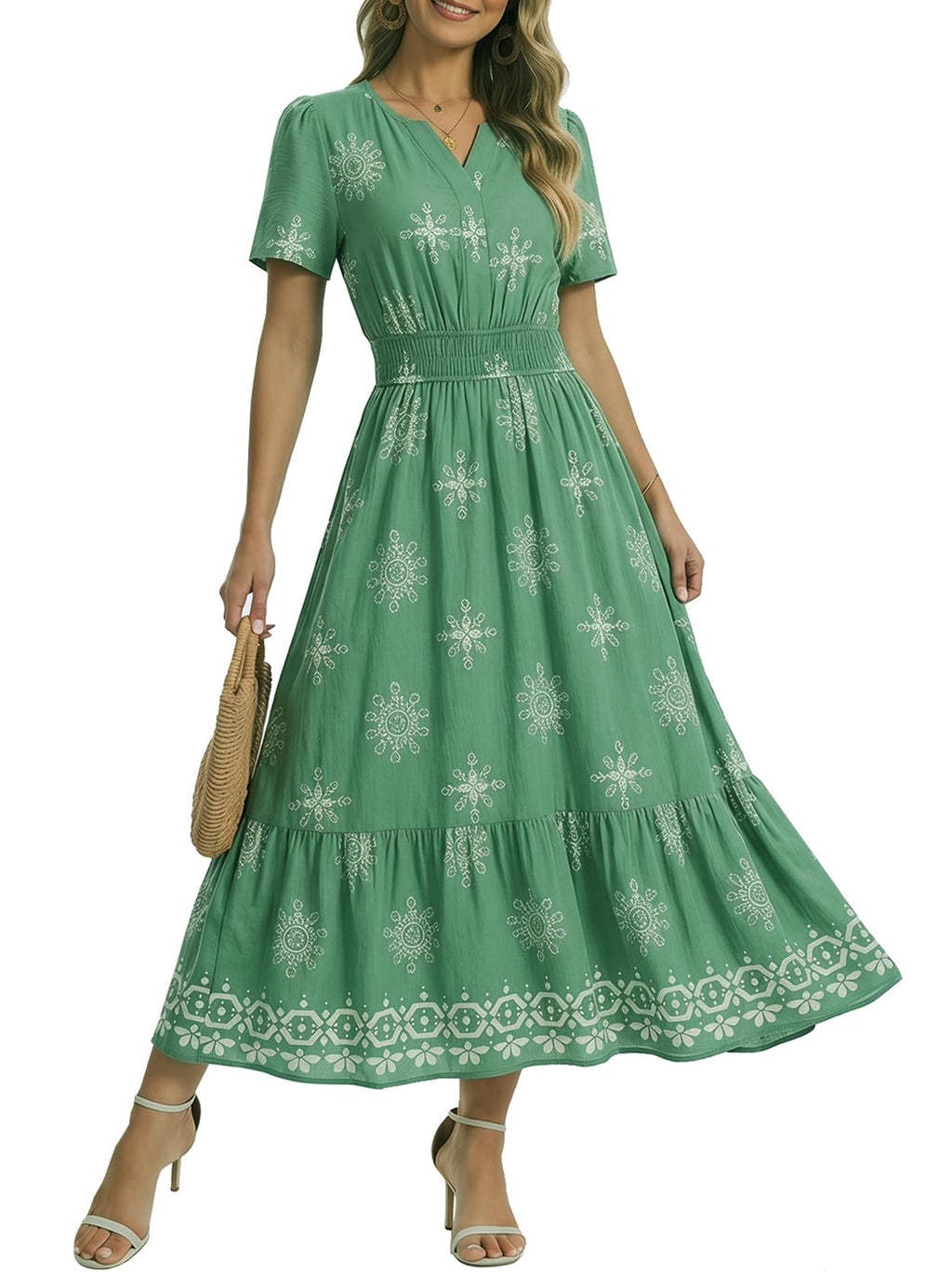 2026 Womens Summer Floral Maxi Dresses V Neck Short Sleeve Boho Casual Flowy Long Wedding Guest Beach Vacation Dress Green